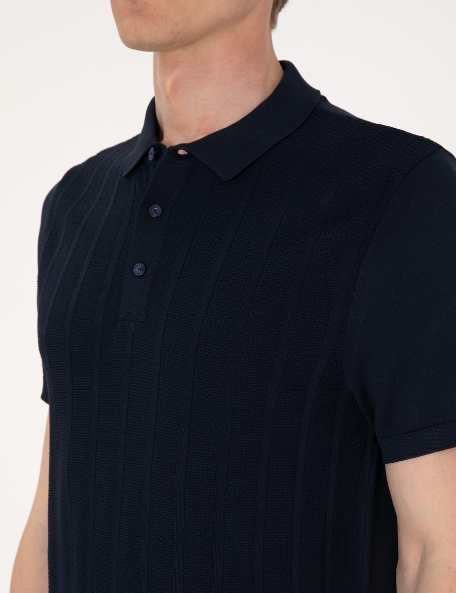 Lacivert Slim Fit Polo Yaka Düğmeli Triko Tişört