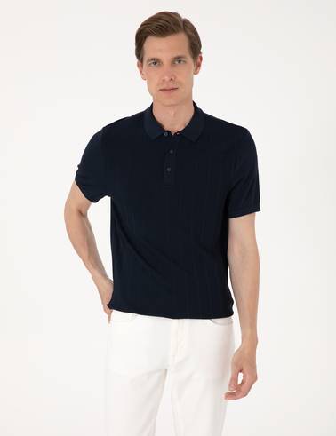 Lacivert Slim Fit Polo Yaka Düğmeli Triko Tişört