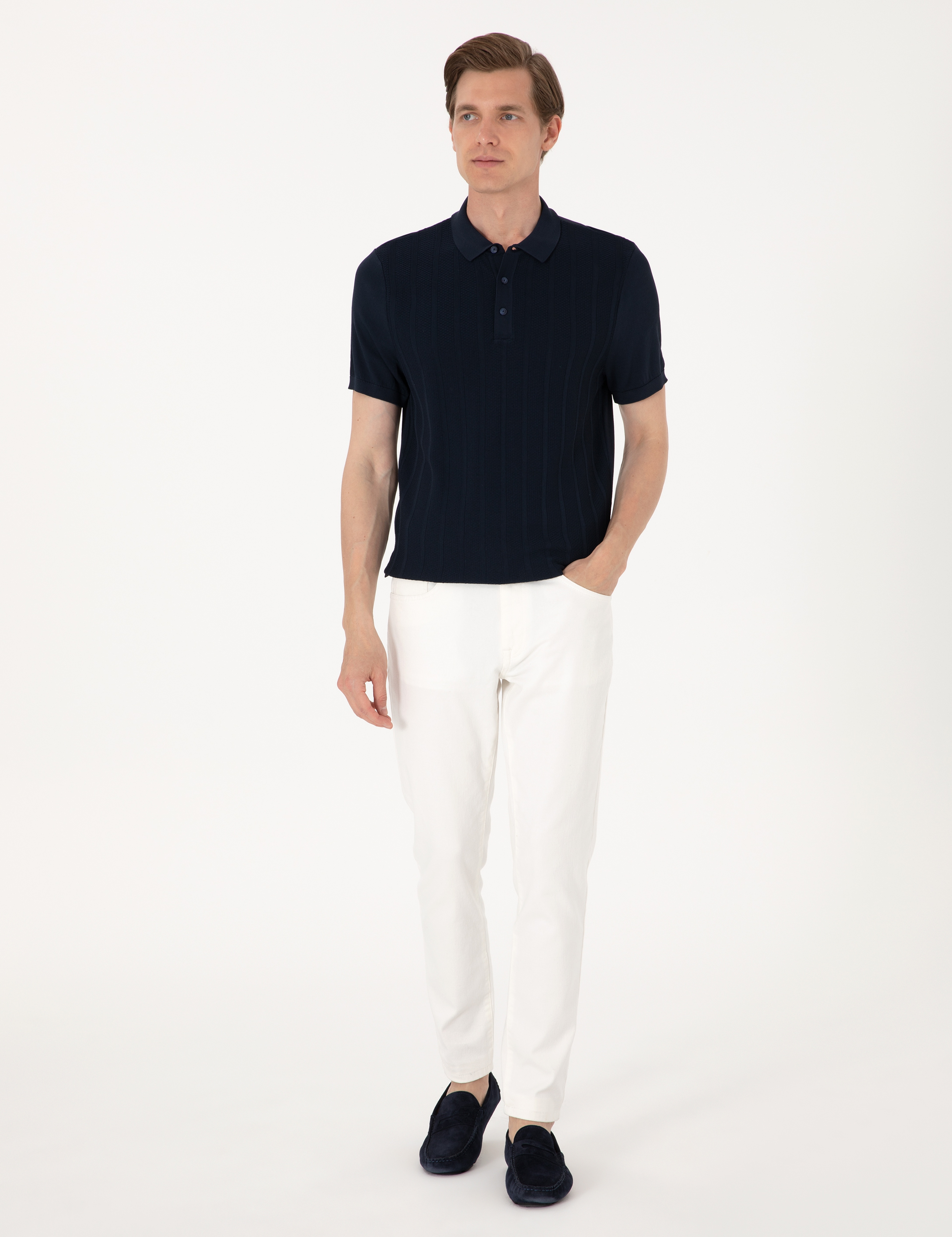 Lacivert Slim Fit Polo Yaka Düğmeli Triko Tişört - Image 4