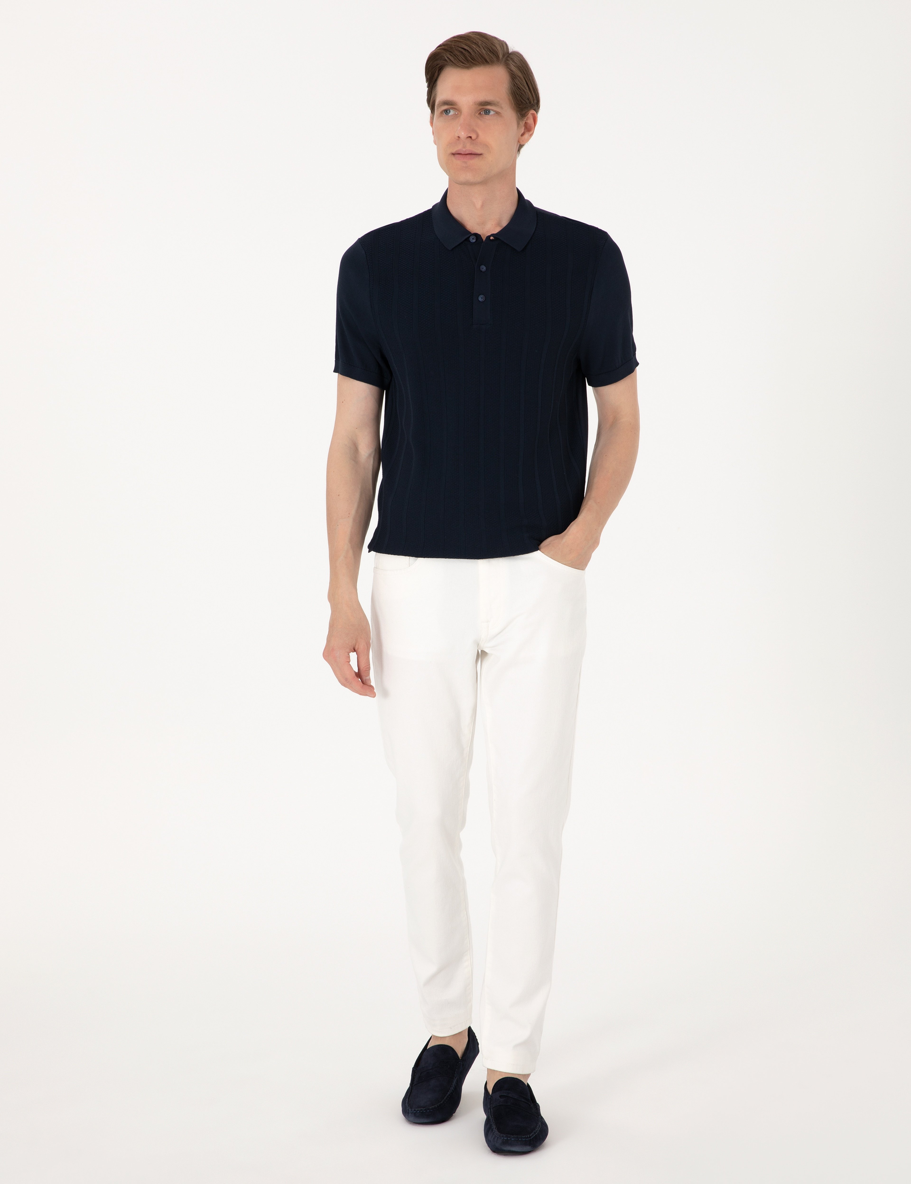 Lacivert Slim Fit Polo Yaka Düğmeli Triko Tişört