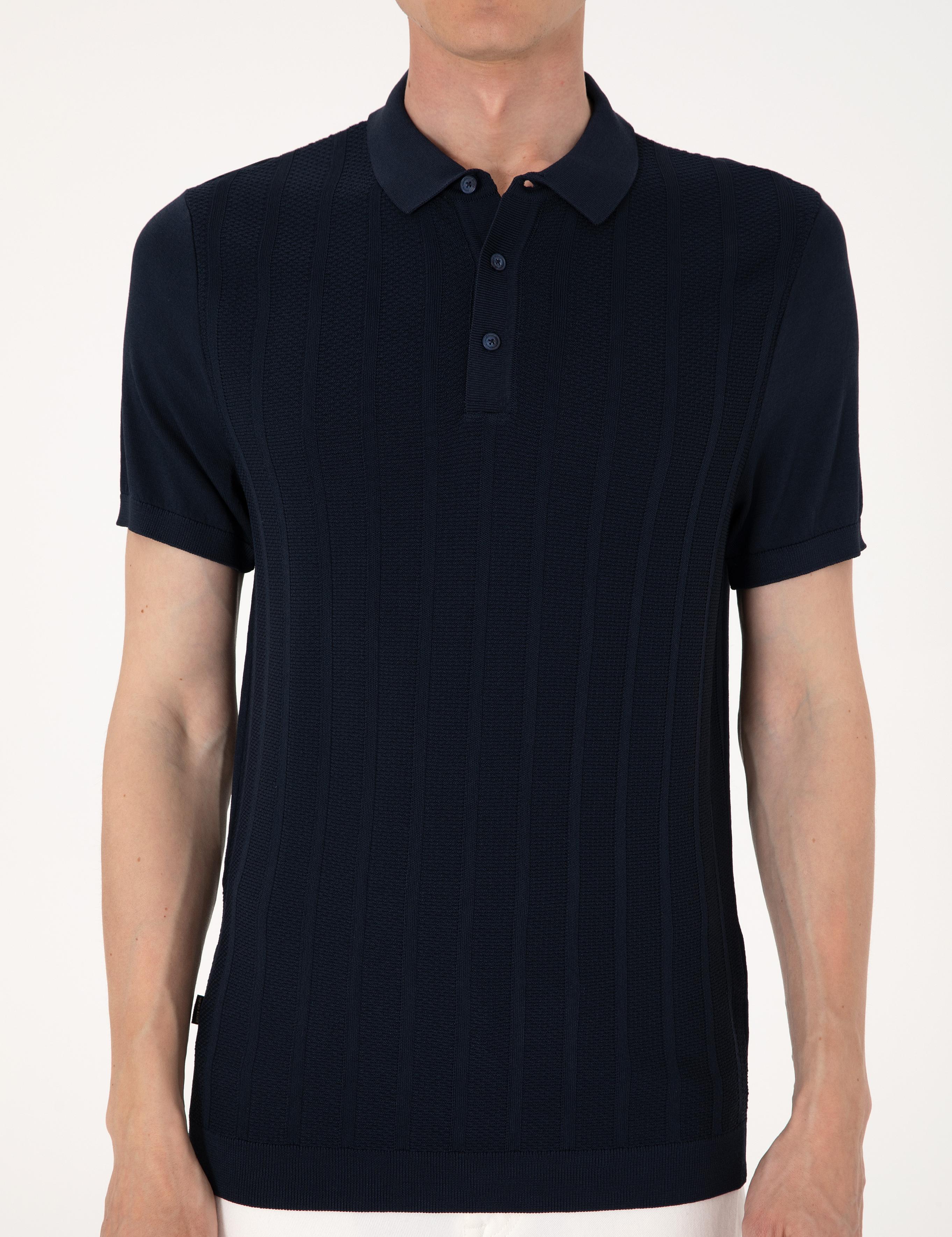 Lacivert Slim Fit Polo Yaka Düğmeli Triko Tişört