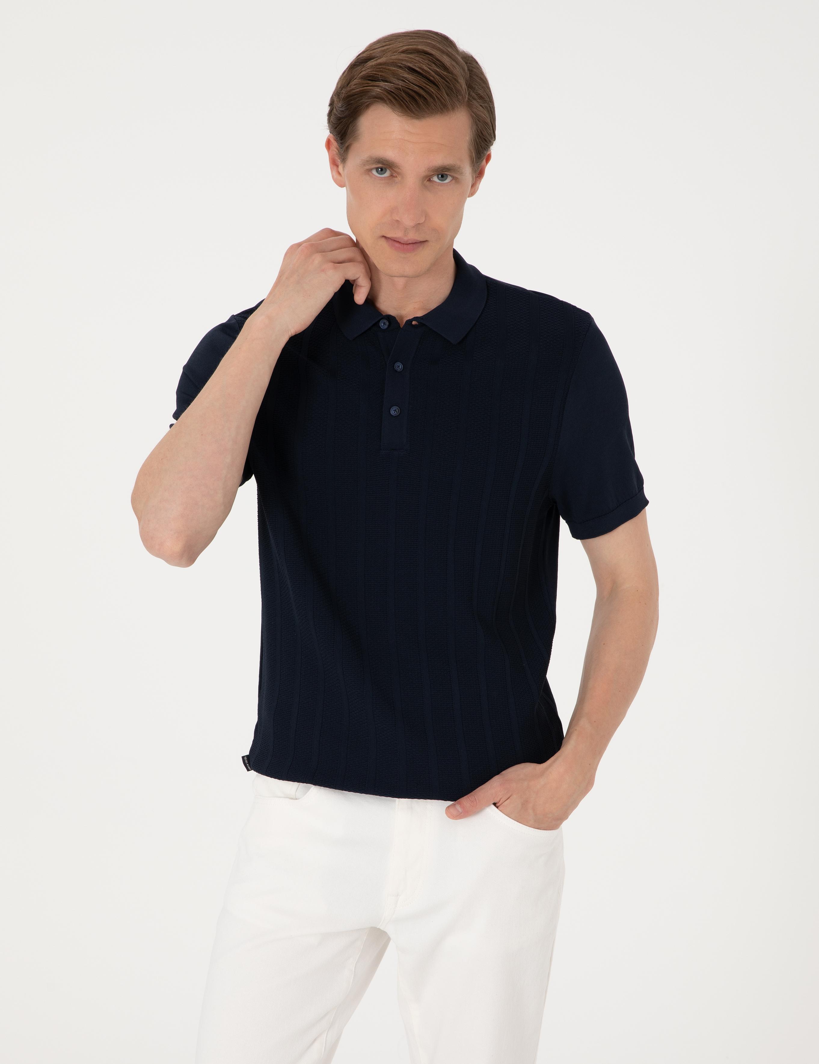 Lacivert Slim Fit Polo Yaka Düğmeli Triko Tişört
