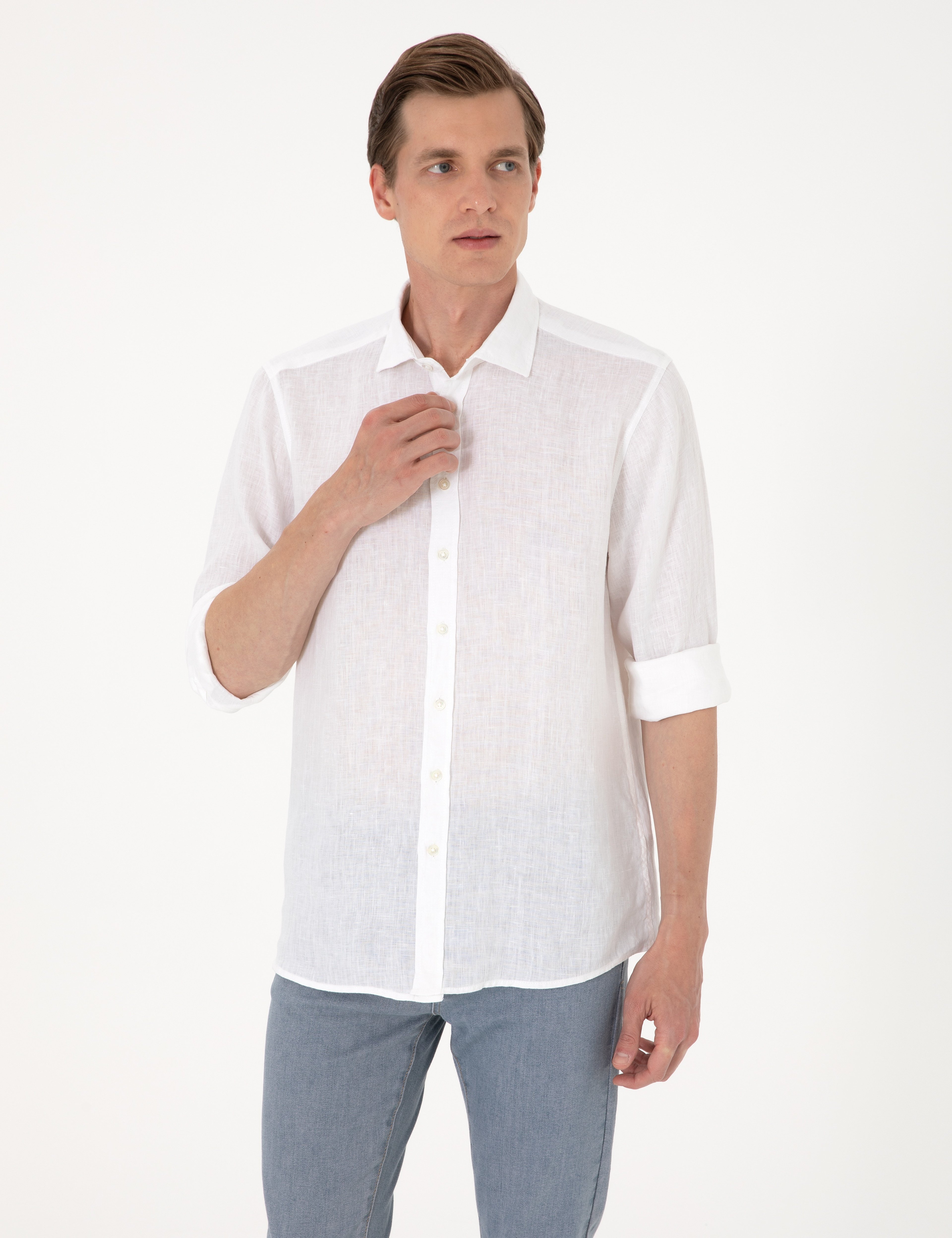 Beyaz %100 Keten Regular Fit Uzunkollu Gömlek - Image 1