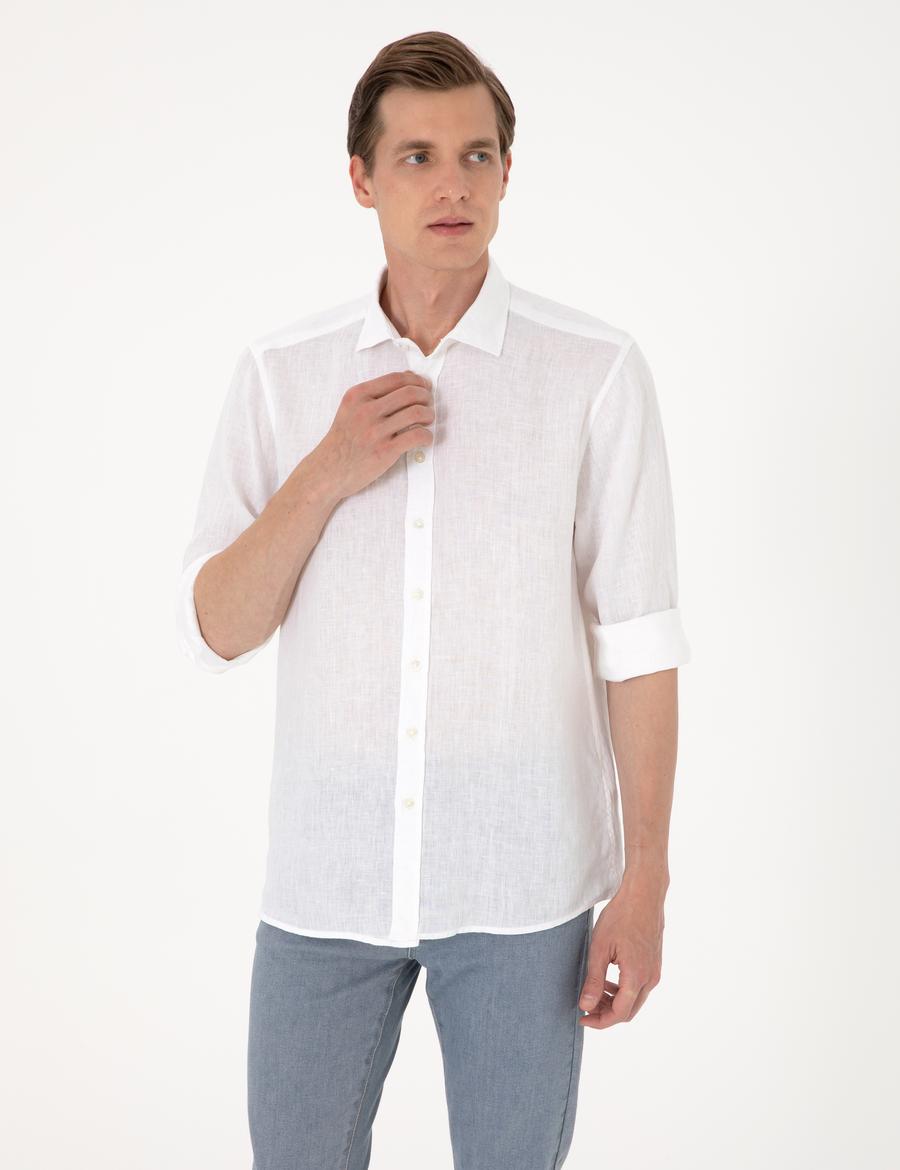 Beyaz %100 Keten Regular Fit Uzunkollu Gömlek
