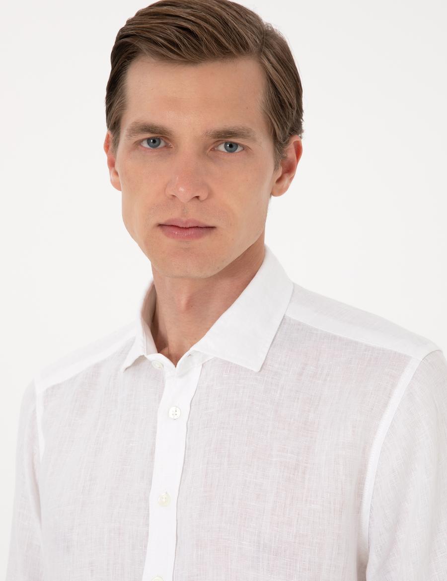 Beyaz %100 Keten Regular Fit Uzunkollu Gömlek