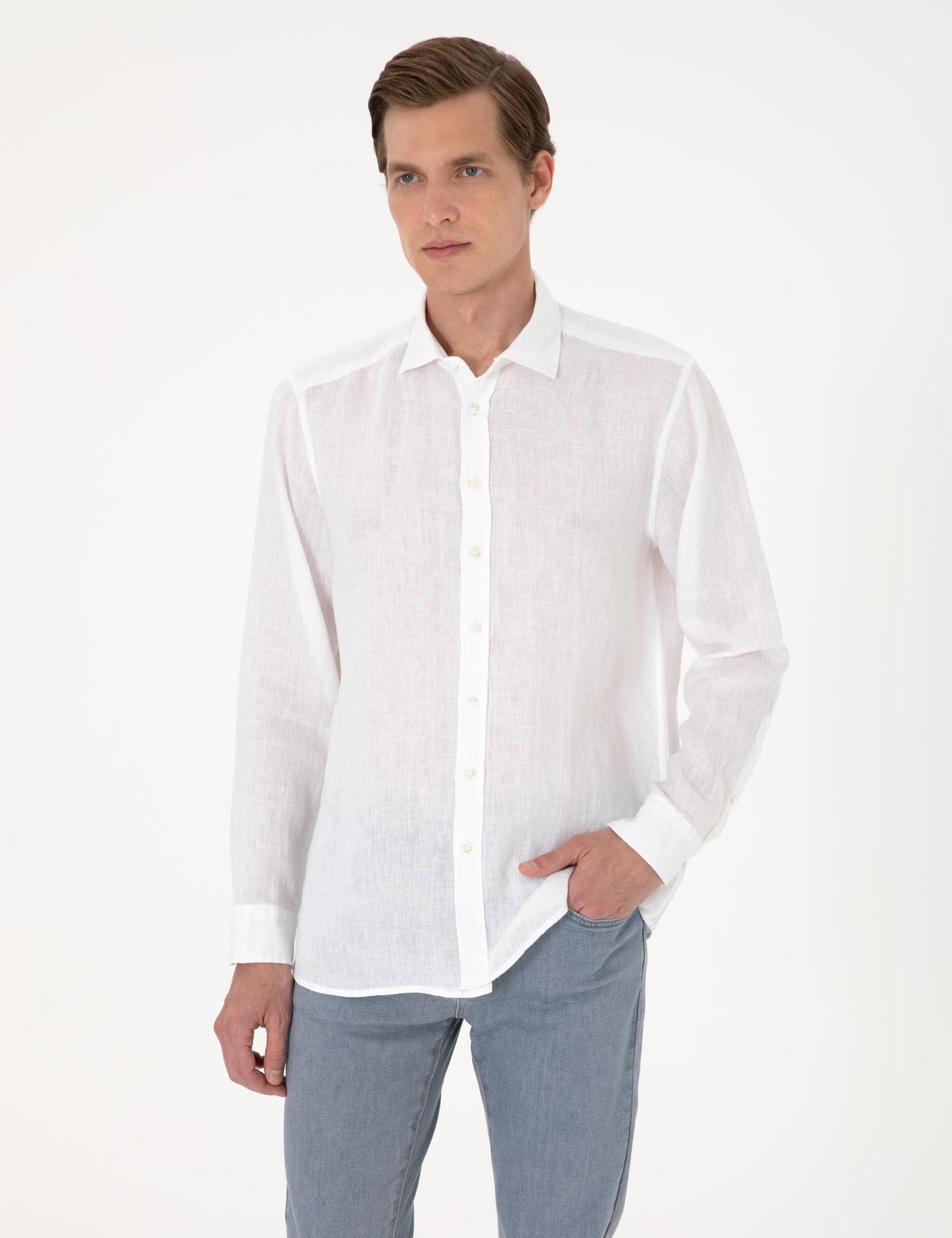 Beyaz %100 Keten Regular Fit Uzunkollu Gömlek - 50303293005