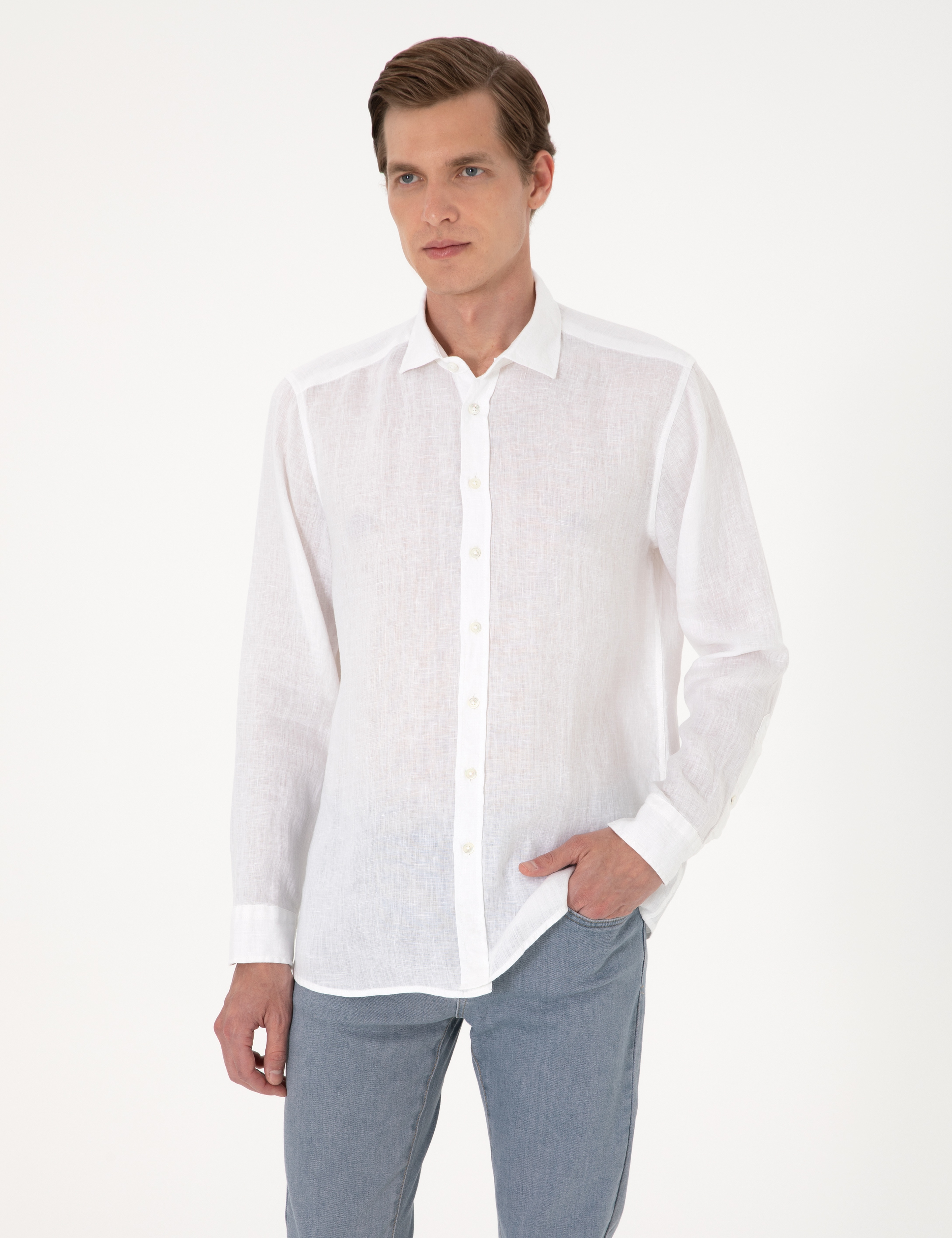 Beyaz %100 Keten Regular Fit Uzunkollu Gömlek - Image 3