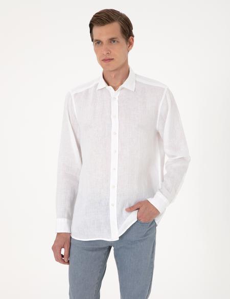 Beyaz %100 Keten Regular Fit Uzunkollu Gömlek - 50303293005
