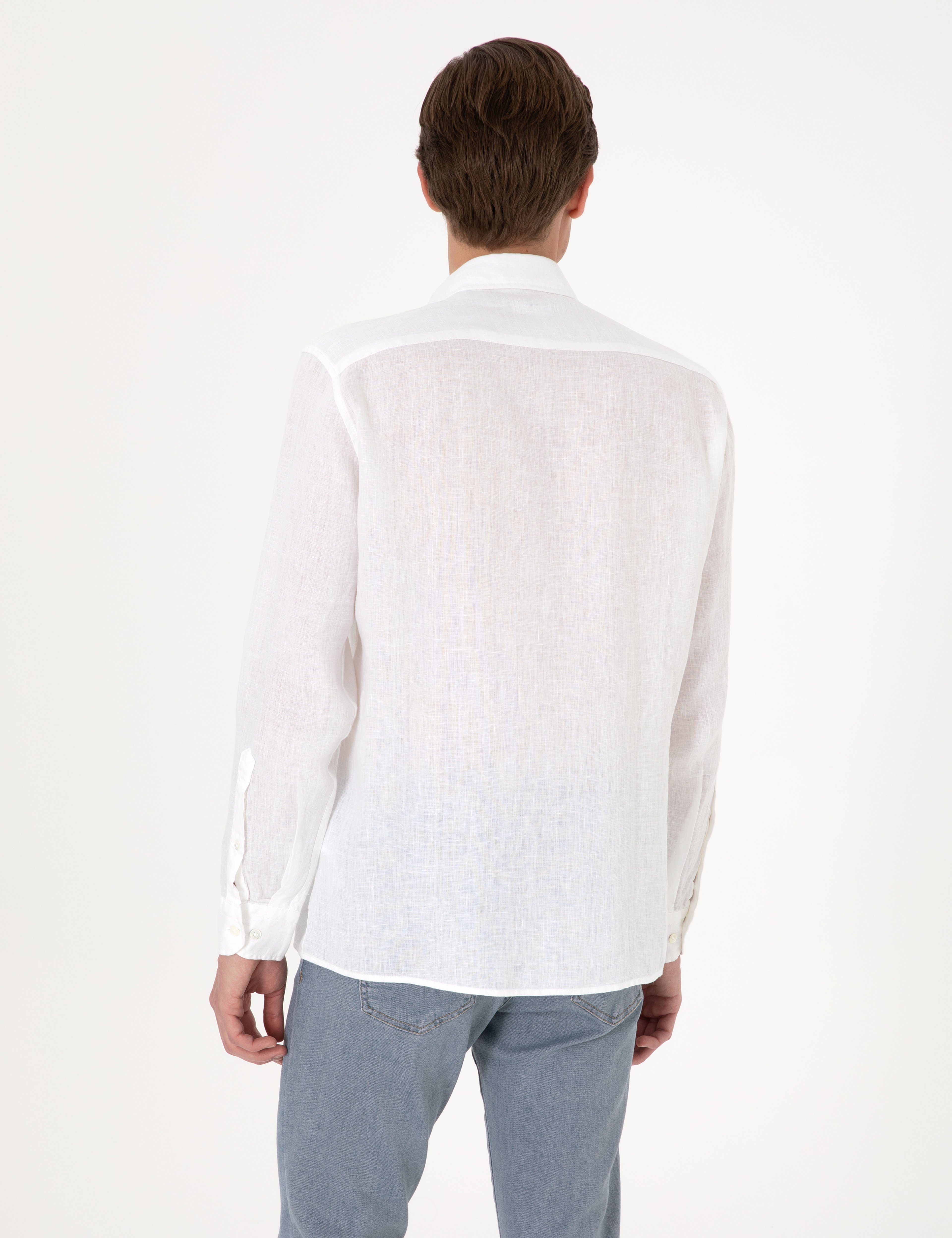 Beyaz %100 Keten Regular Fit Uzunkollu Gömlek - Image 5