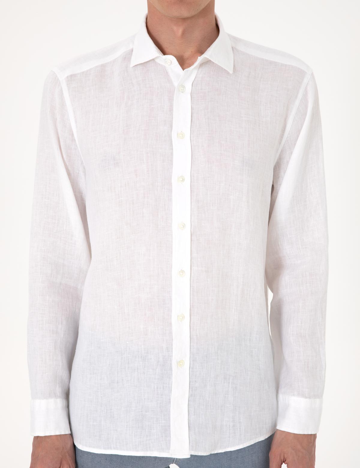 Beyaz %100 Keten Regular Fit Uzunkollu Gömlek - 50303293005