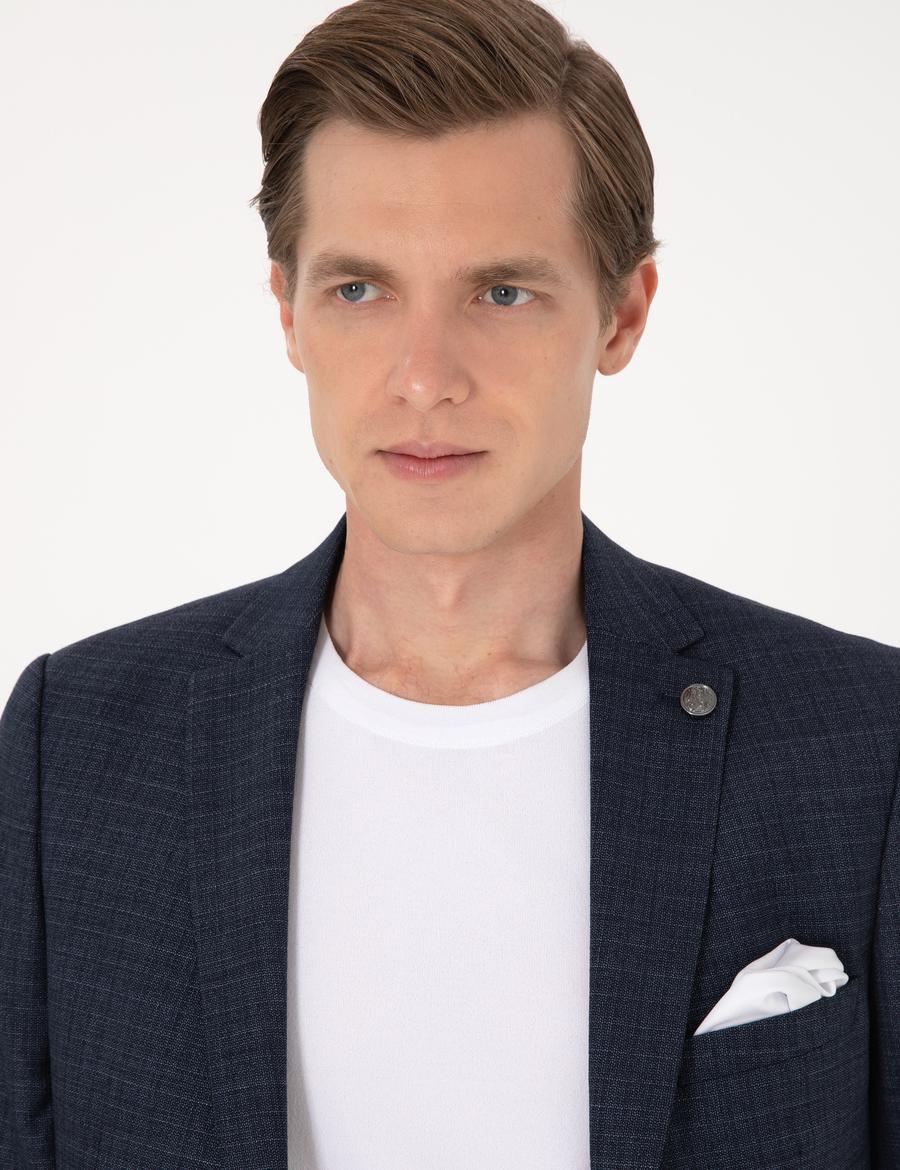 Lacivert Ex. Slim Fit Yün Karışımlı Ekose Takım Elbise