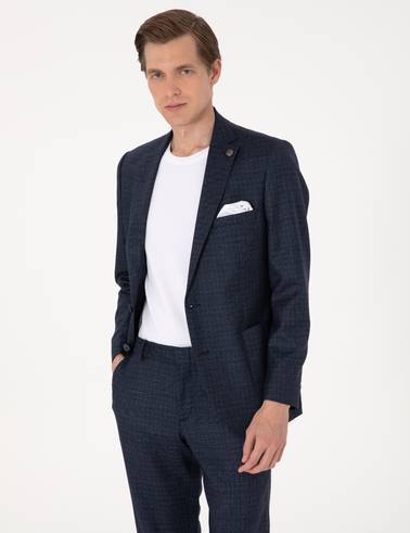 Lacivert Ex. Slim Fit Yün Karışımlı Ekose Takım Elbise