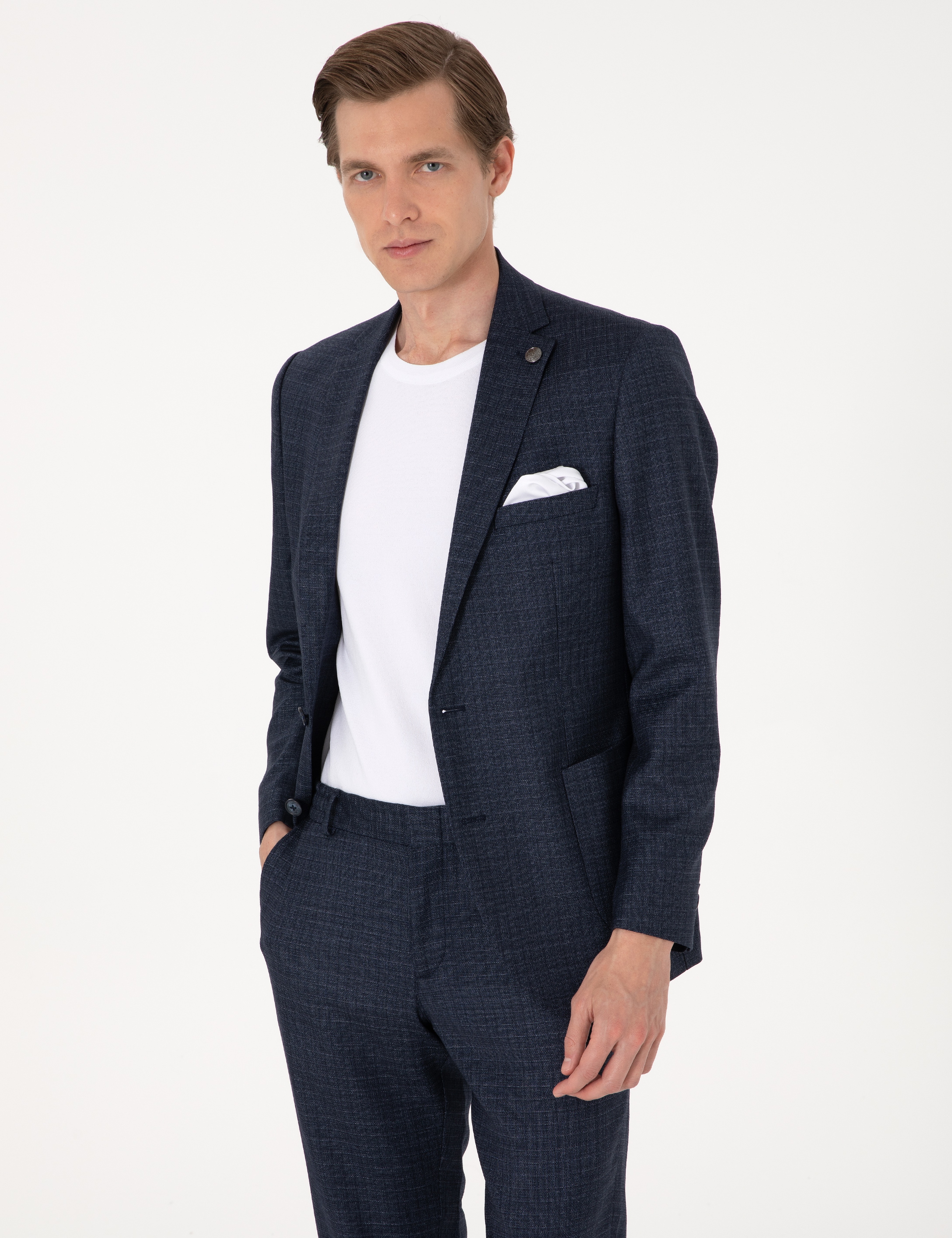 Lacivert Extra Slim Fit Yün Karışımlı Ekose Takım Elbise - Image 3