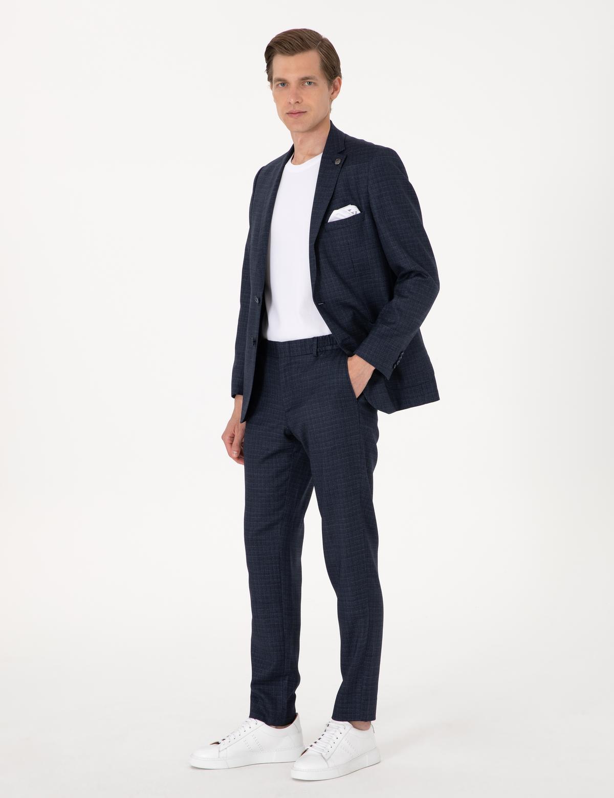 Lacivert Ex. Slim Fit Yün Karışımlı Ekose Takım Elbise - 50302272014
