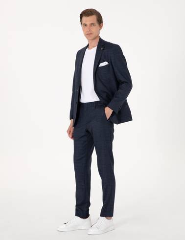 Lacivert Ex. Slim Fit Yün Karışımlı Ekose Takım Elbise