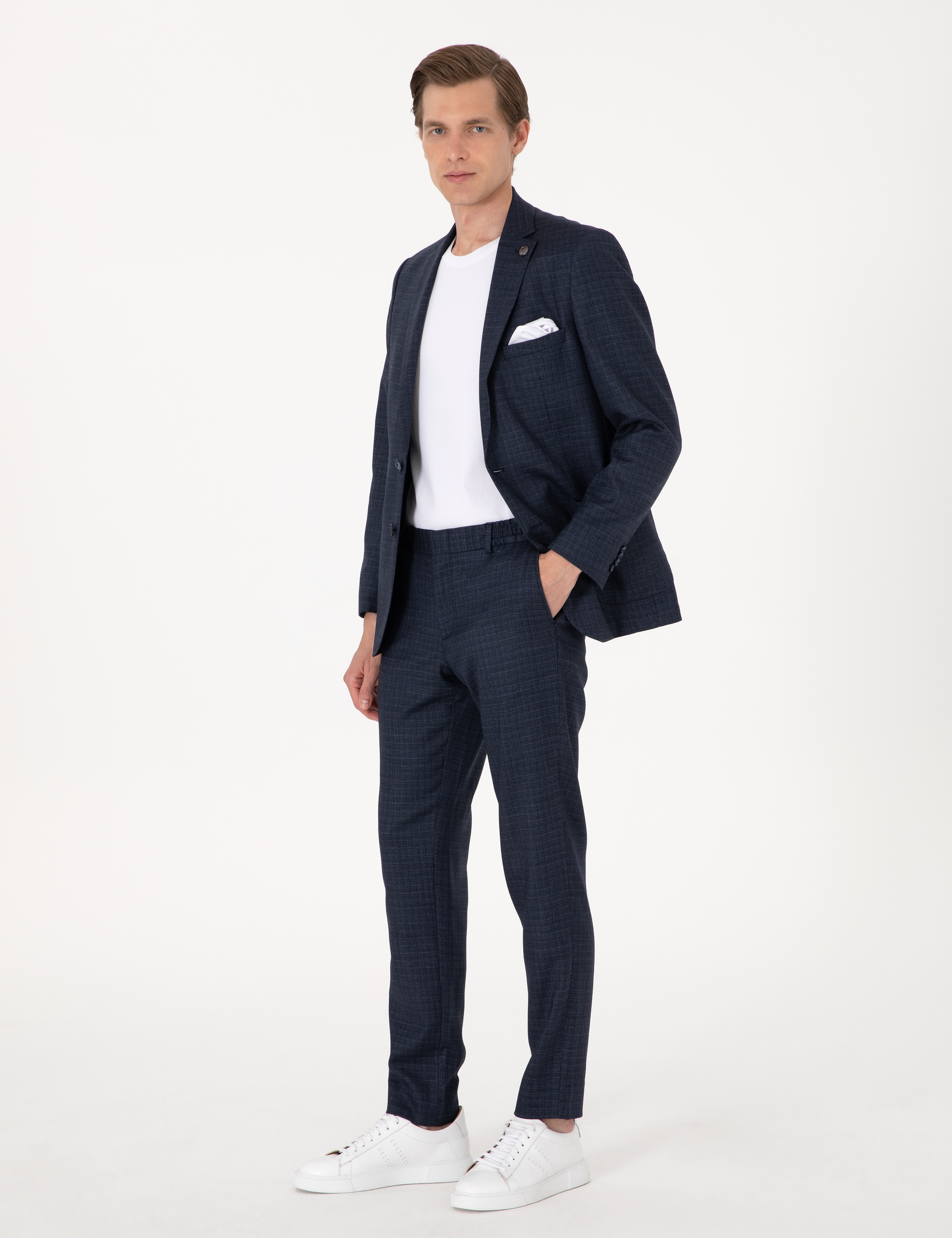 Lacivert Extra Slim Fit Yün Karışımlı Ekose Takım Elbise - Image 4