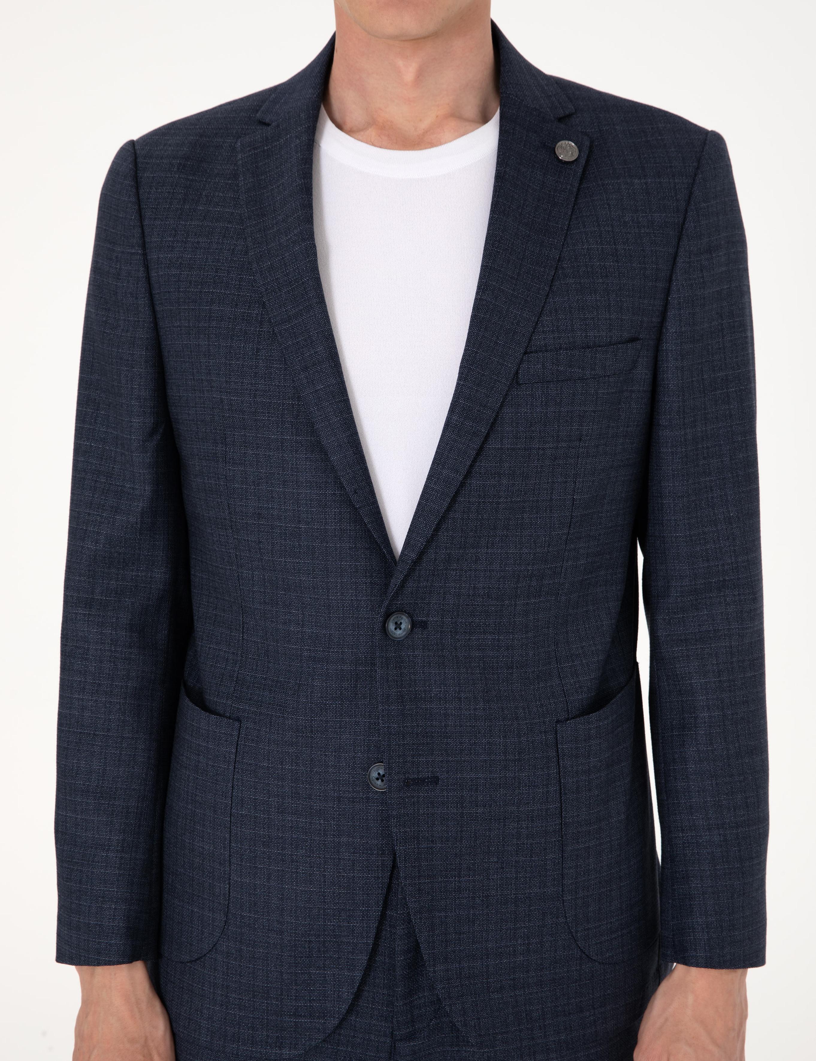 Lacivert Ex. Slim Fit Yün Karışımlı Ekose Takım Elbise