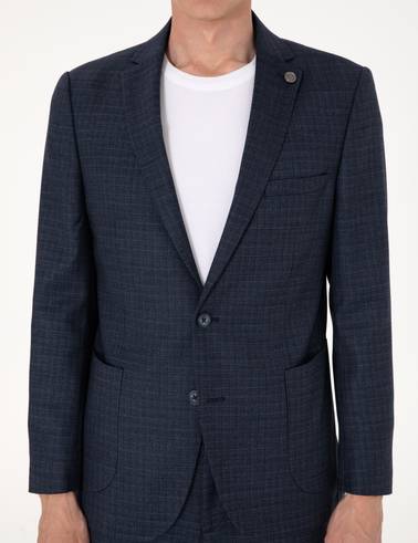 Lacivert Ex. Slim Fit Yün Karışımlı Ekose Takım Elbise