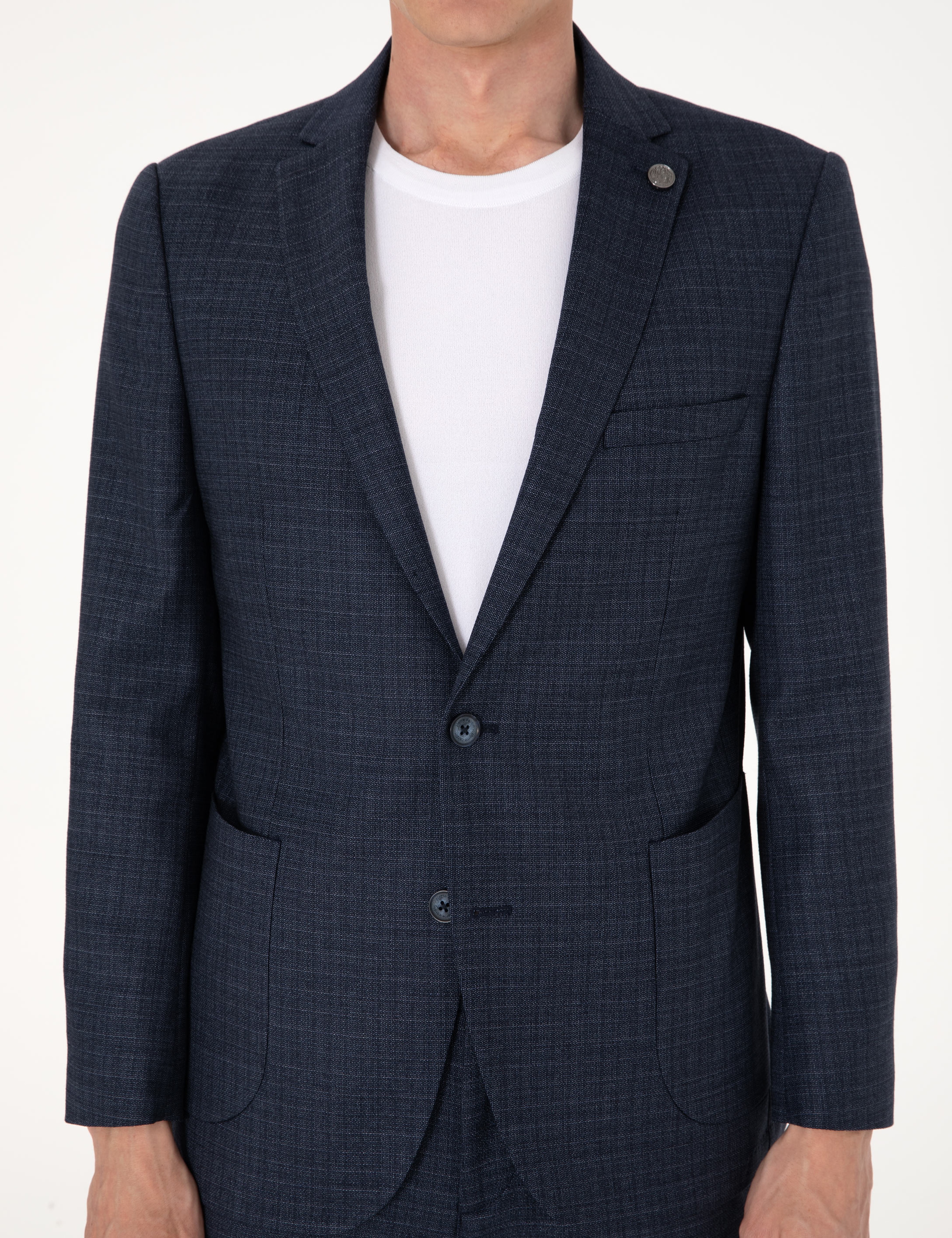Lacivert Extra Slim Fit Yün Karışımlı Ekose Takım Elbise