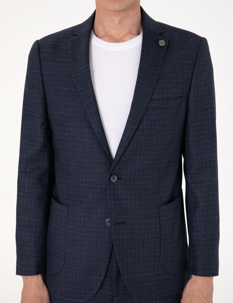 Lacivert Ex. Slim Fit Yün Karışımlı Ekose Takım Elbise