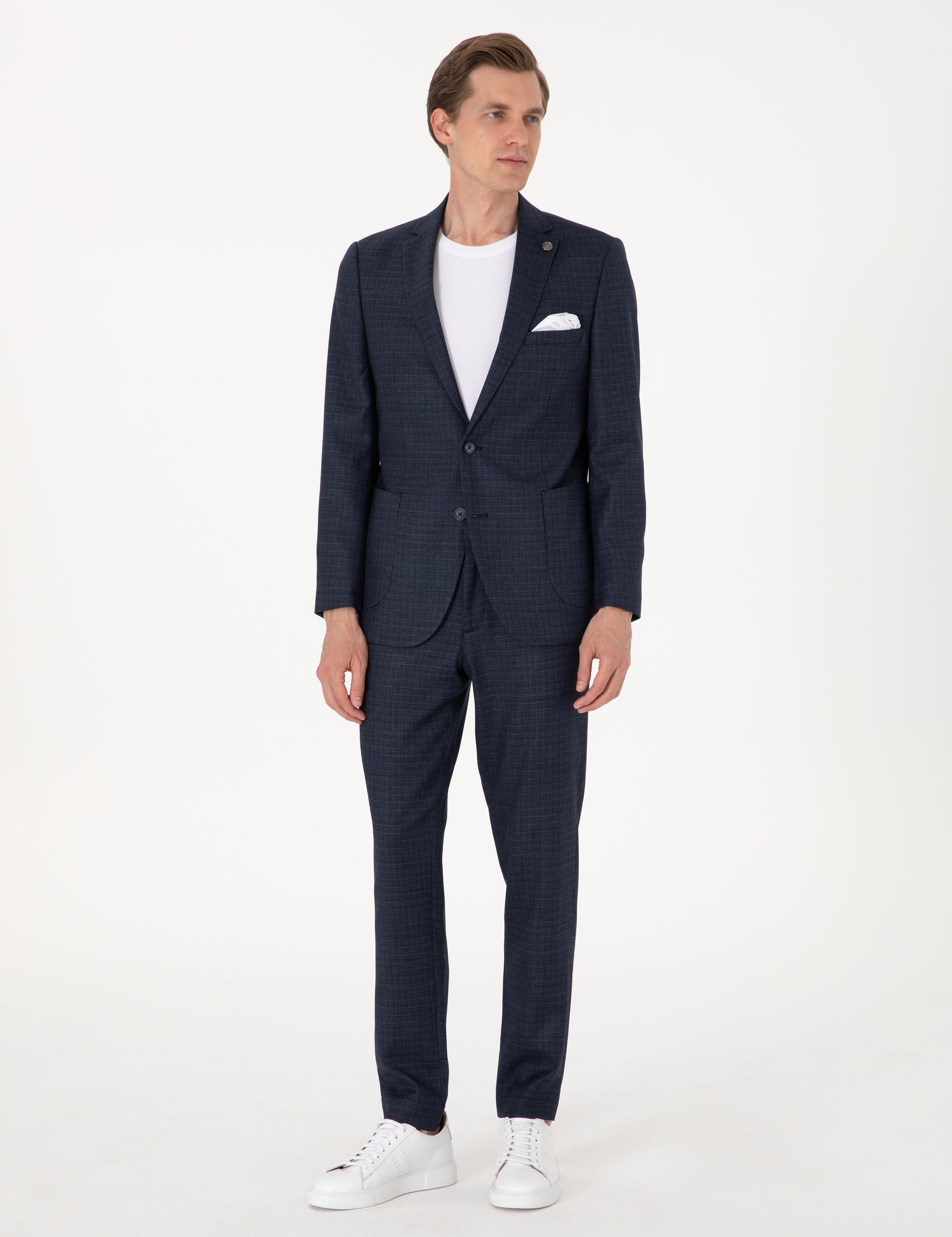 Lacivert Ex. Slim Fit Yün Karışımlı Ekose Takım Elbise