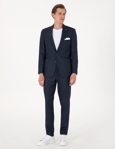 Lacivert Extra Slim Fit Yün Karışımlı Ekose Takım Elbise
