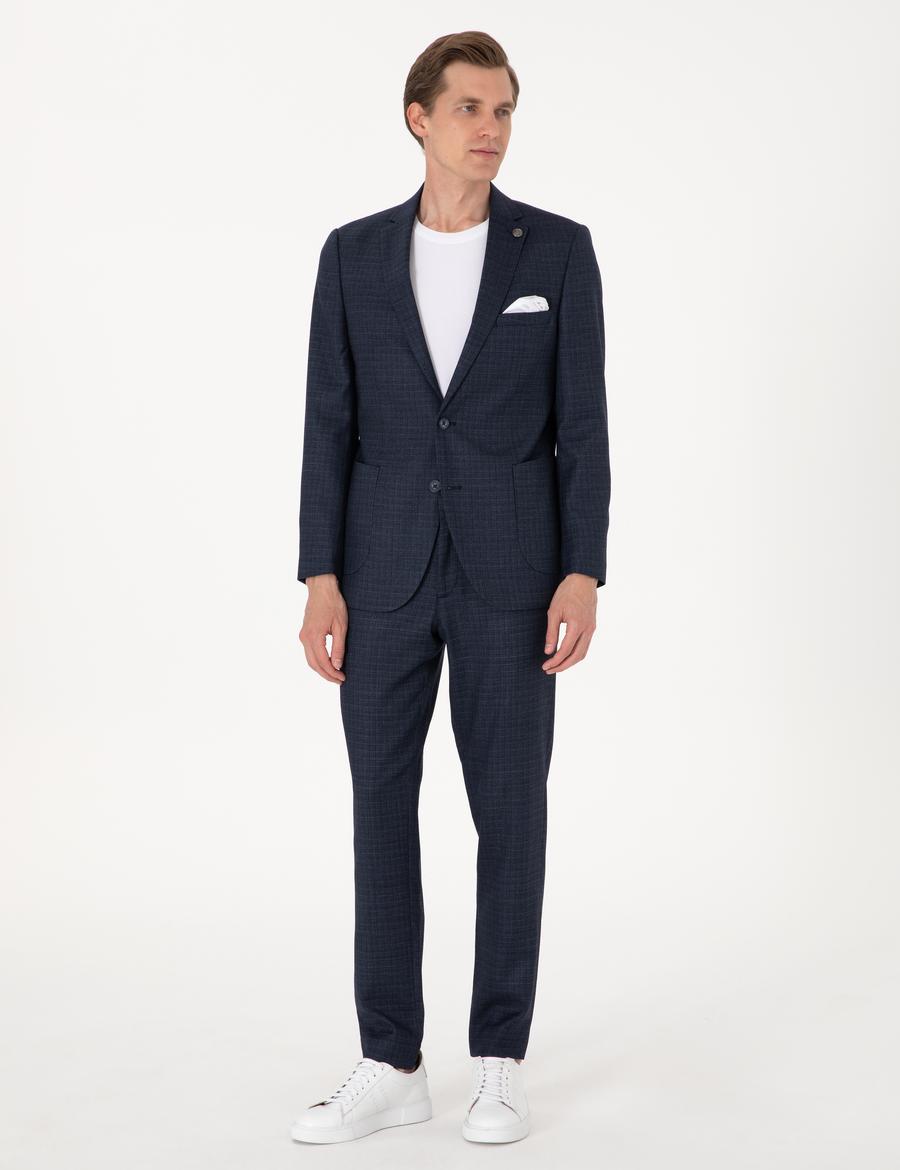 Lacivert Ex. Slim Fit Yün Karışımlı Ekose Takım Elbise