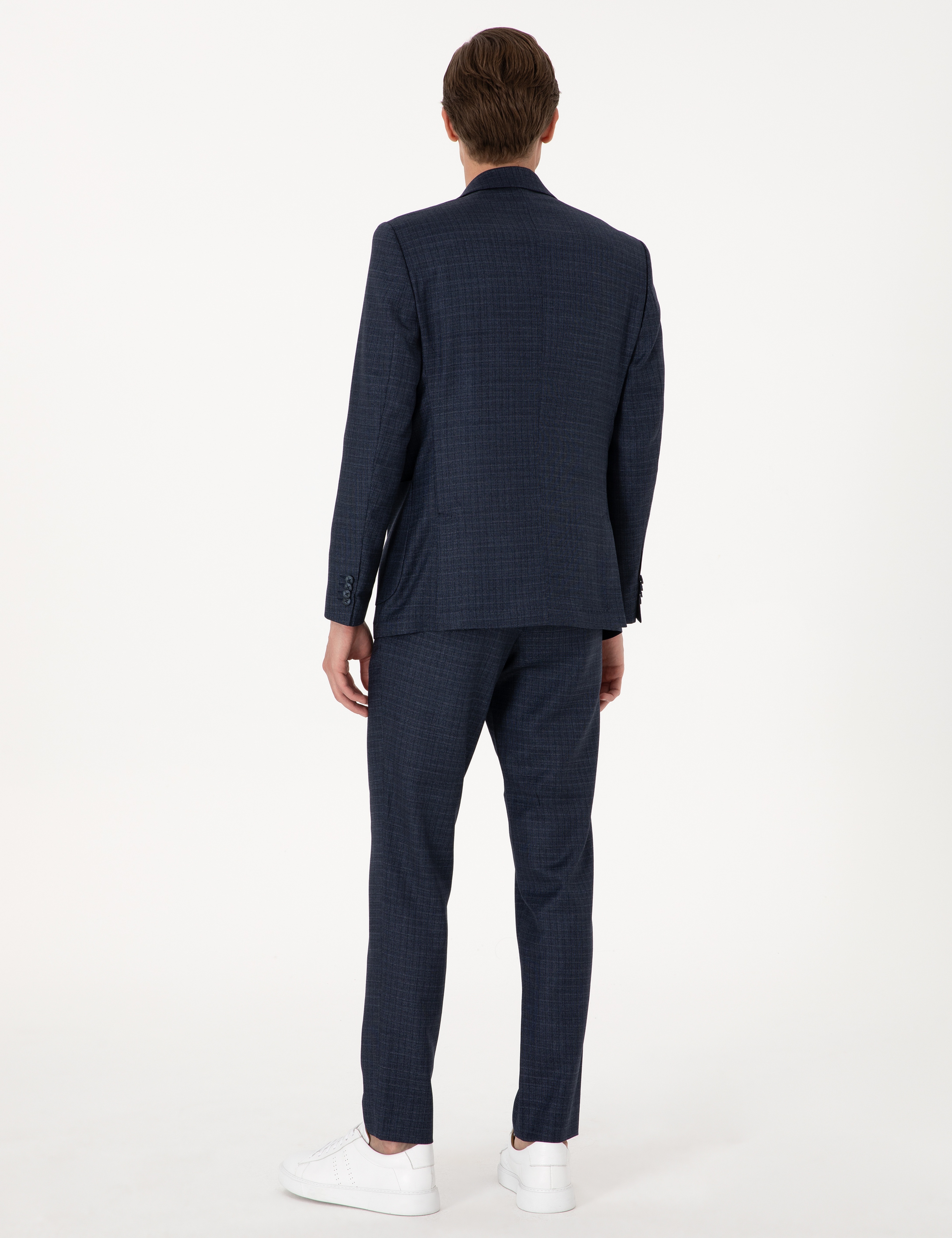 Lacivert Extra Slim Fit Yün Karışımlı Ekose Takım Elbise