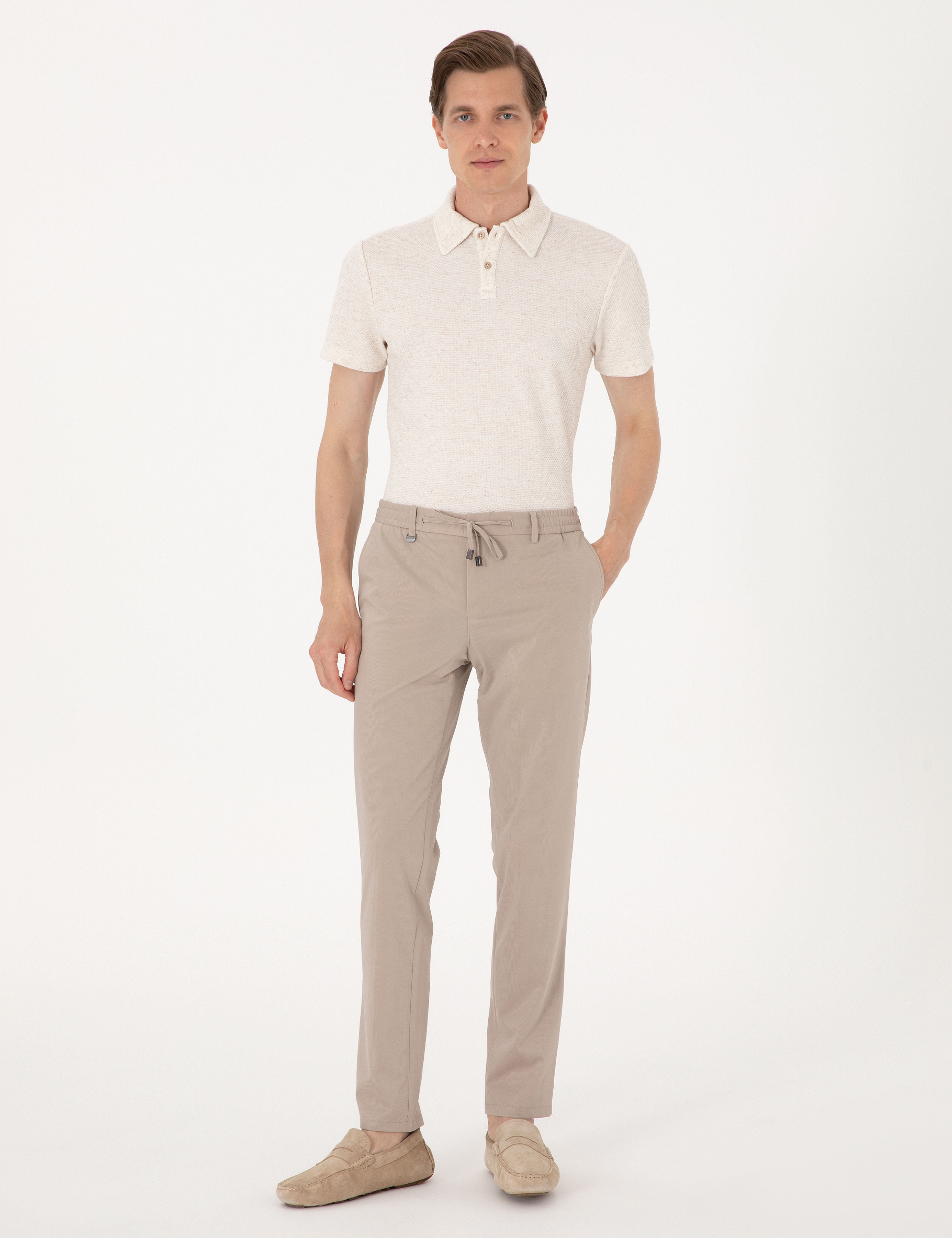 Bej Ex. Slim Fit Beli Lastikli Kordonlu Klasik Jogger Pantolon - Image 1