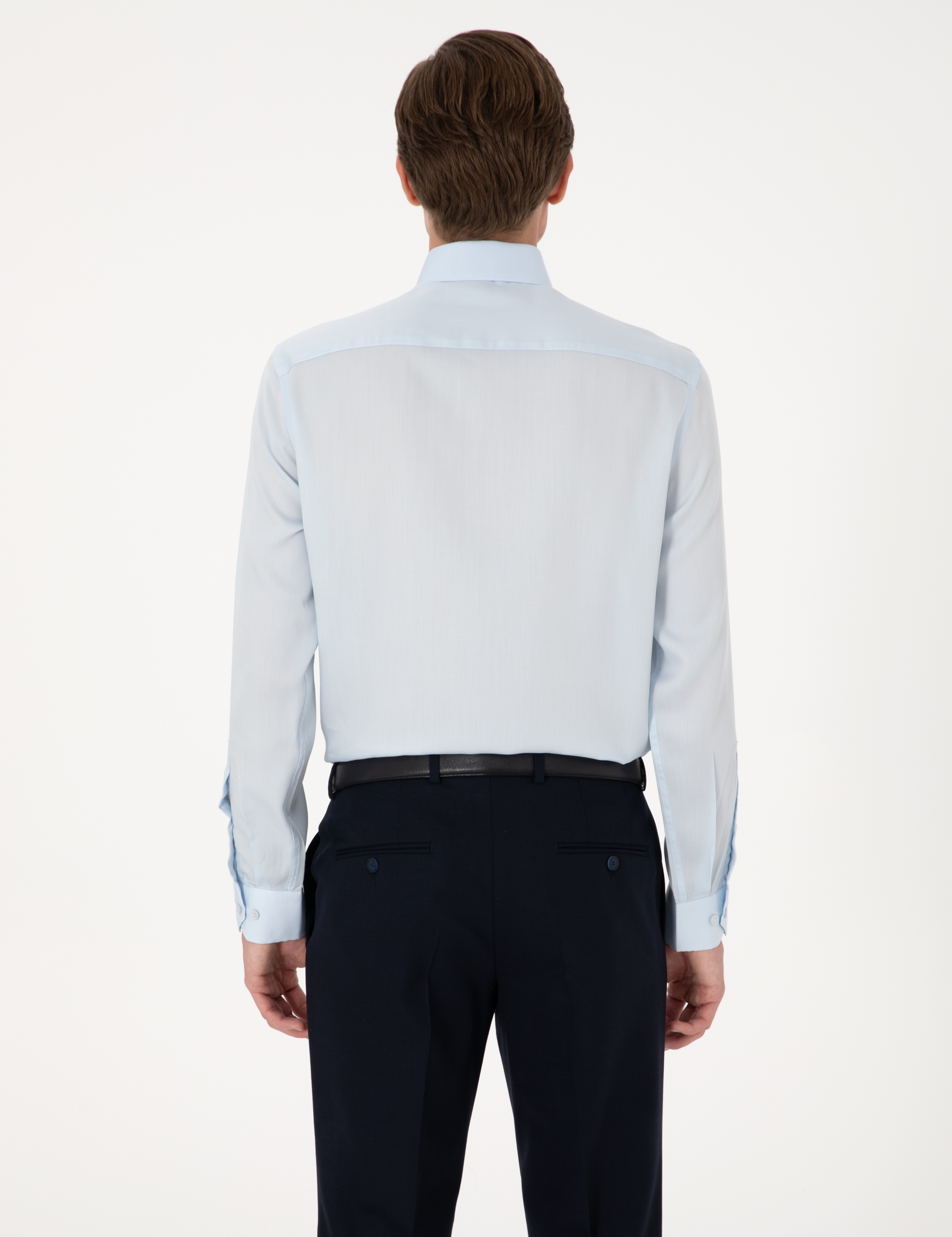 Açık Mavi Kırışıklık Karşıtı Liyosel Slim Fit Uzun Kollu Basic Gömlek - Image 6