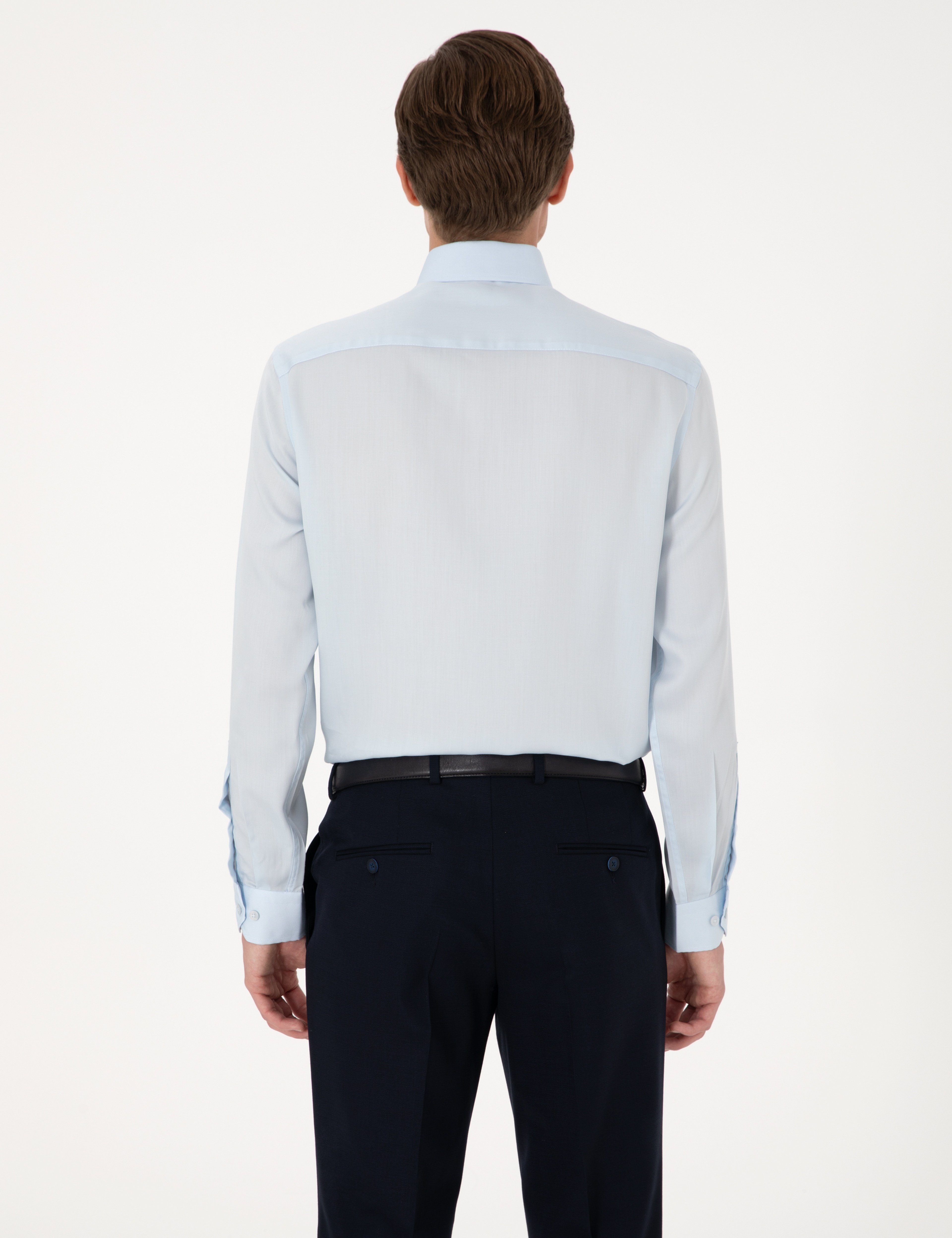Açık Mavi Kırışıklık Karşıtı Liyosel Slim Fit Uzun Kollu Basic Gömlek