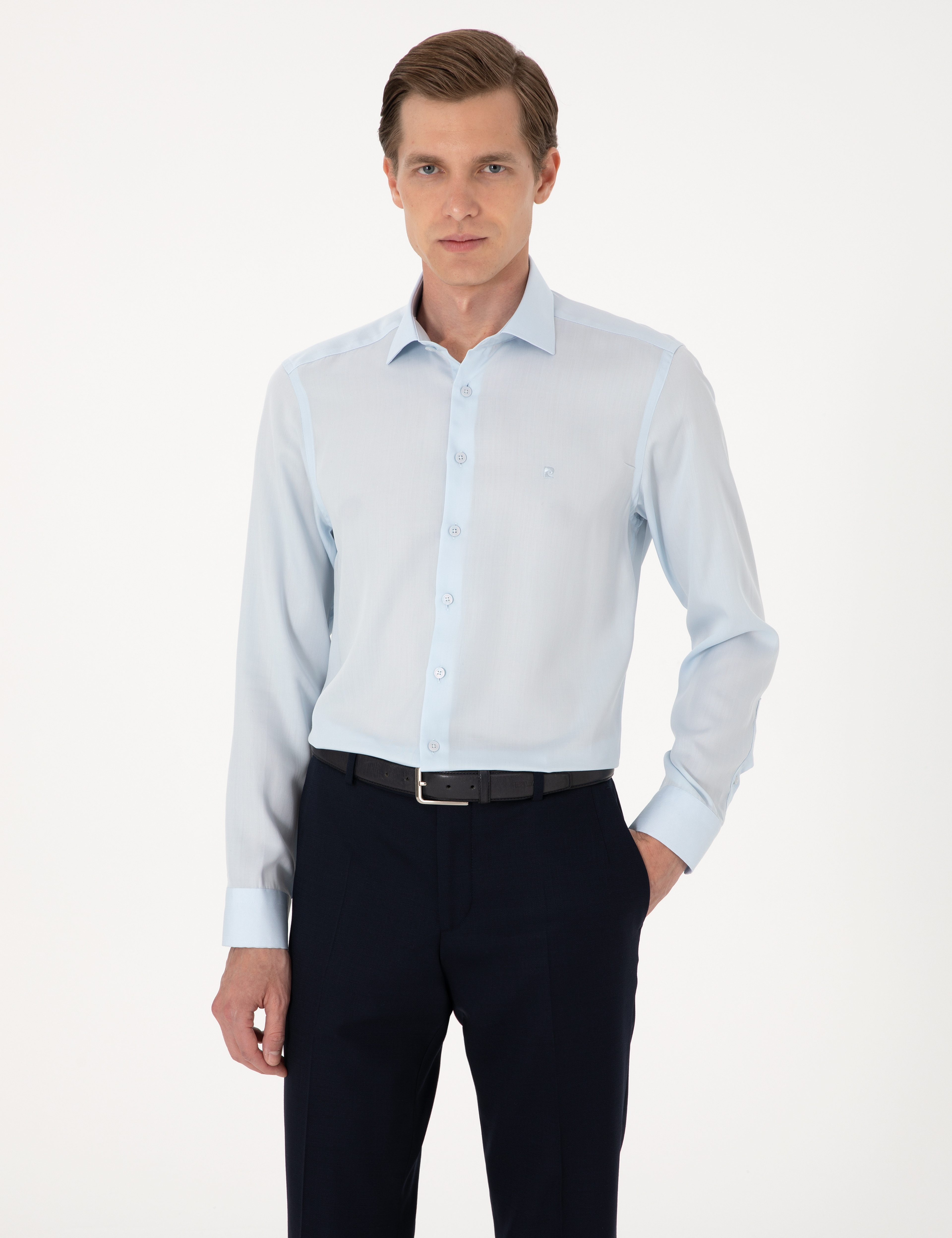 Açık Mavi Kırışıklık Karşıtı Liyosel Slim Fit Uzun Kollu Basic Gömlek - Image 3