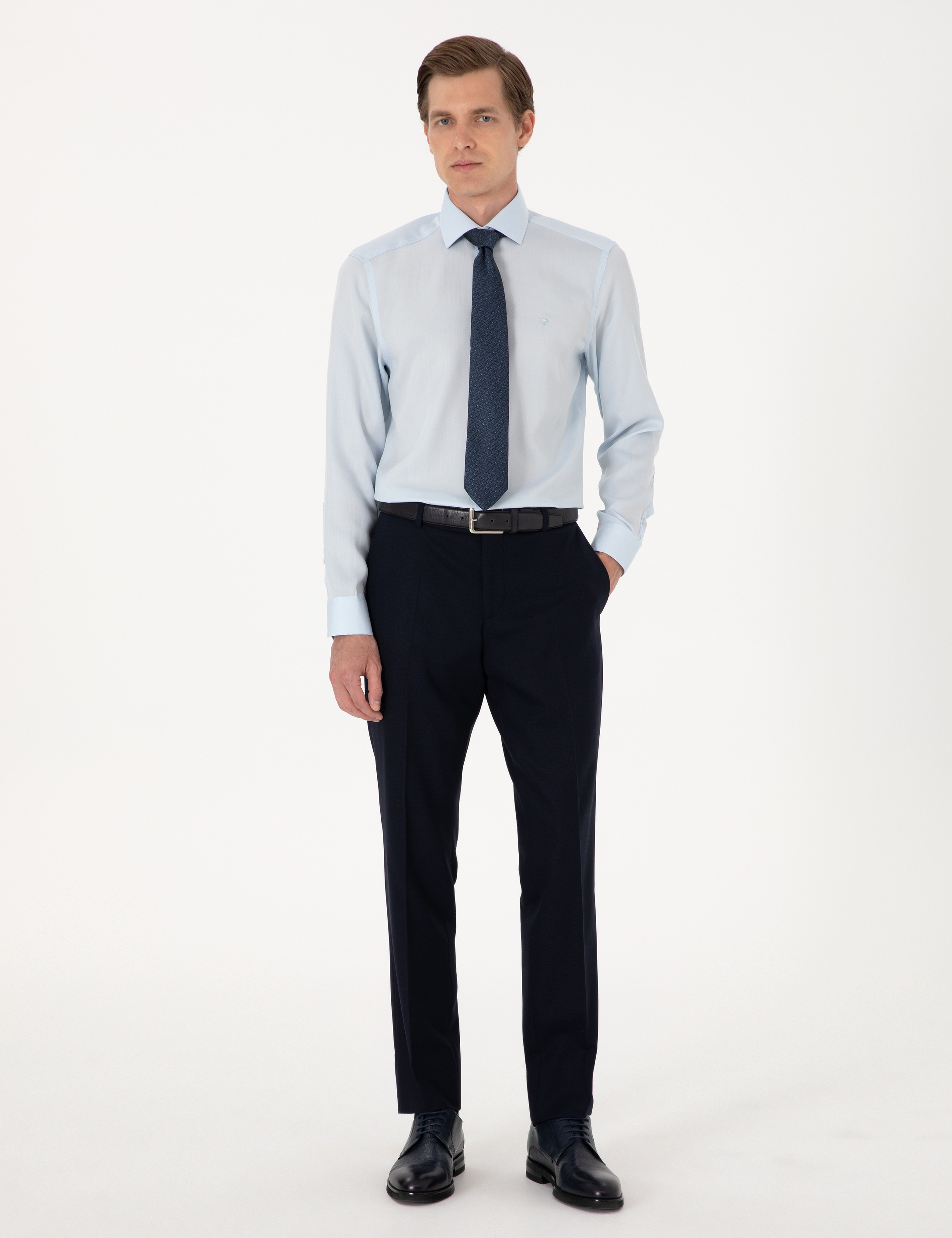 Açık Mavi Kırışıklık Karşıtı Liyosel Slim Fit Uzun Kollu Basic Gömlek - Image 5
