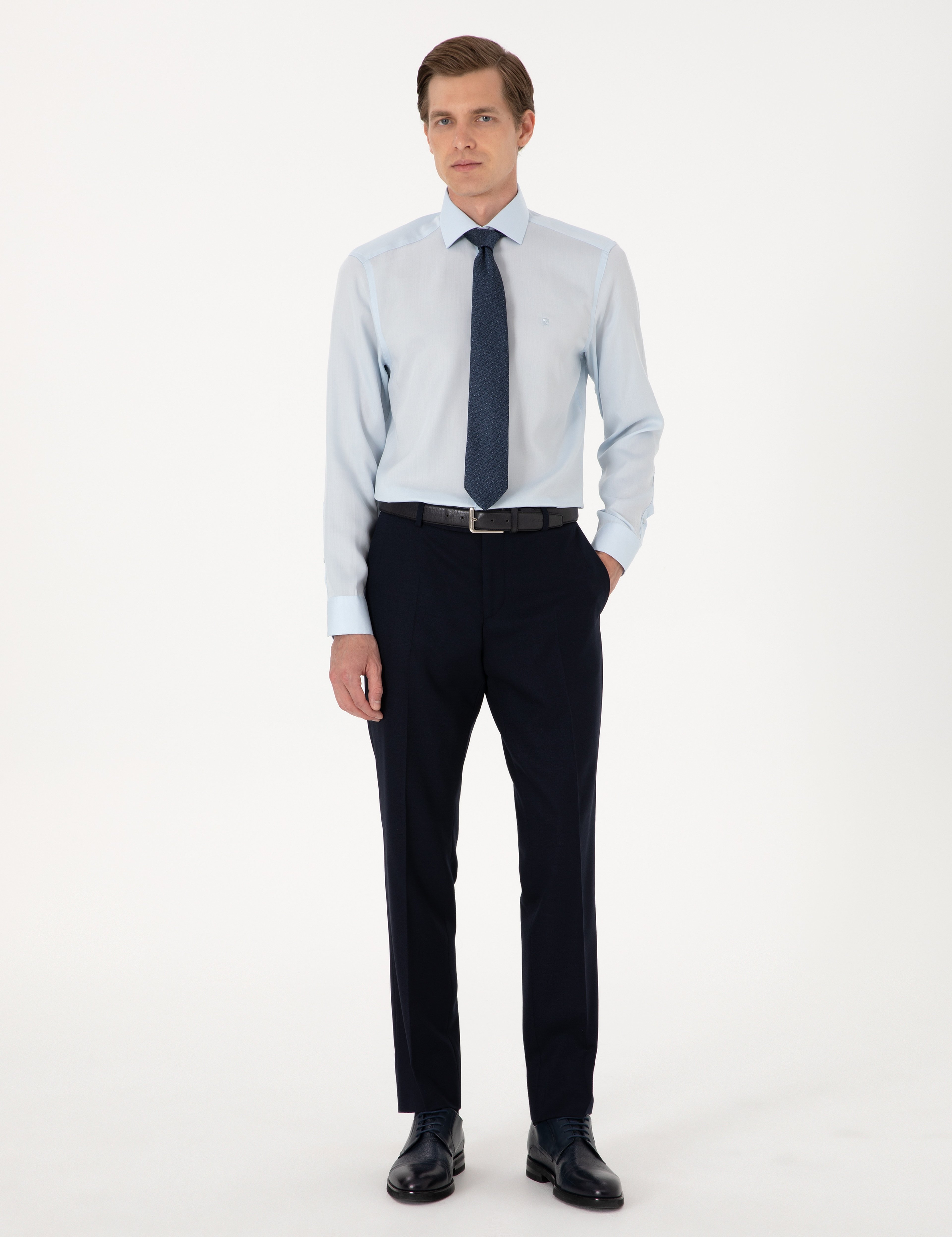 Açık Mavi Kırışıklık Karşıtı Liyosel Slim Fit Uzun Kollu Basic Gömlek