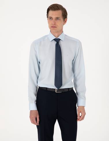 Açık Mavi Kırışıklık Karşıtı Liyosel Slim Fit Uzun Kollu Basic Gömlek