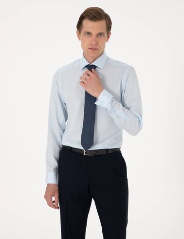 Açık Mavi Kırışıklık Karşıtı Liyosel Slim Fit Uzun Kollu Basic Gömlek