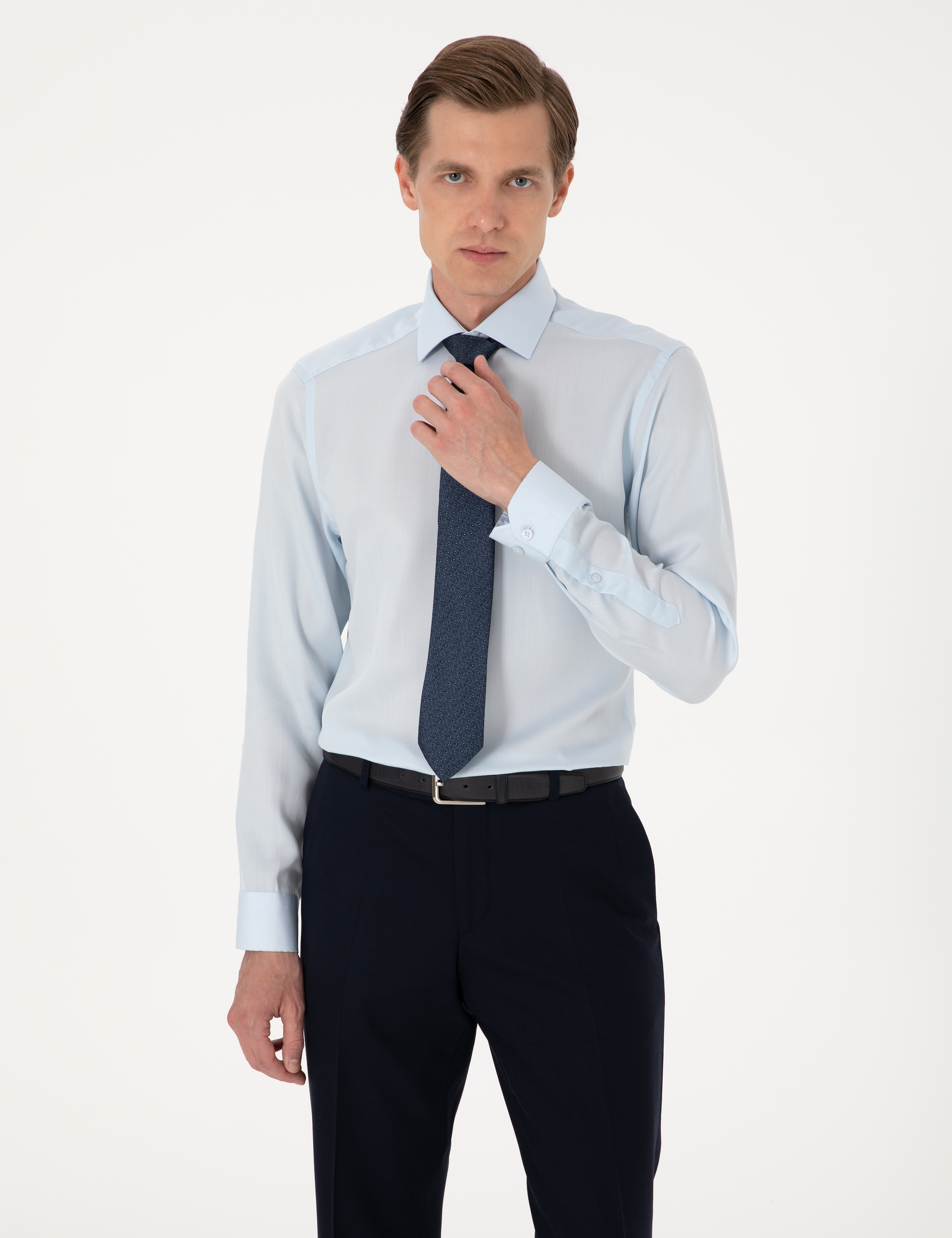Açık Mavi Kırışıklık Karşıtı Liyosel Slim Fit Uzun Kollu Basic Gömlek - Image 4