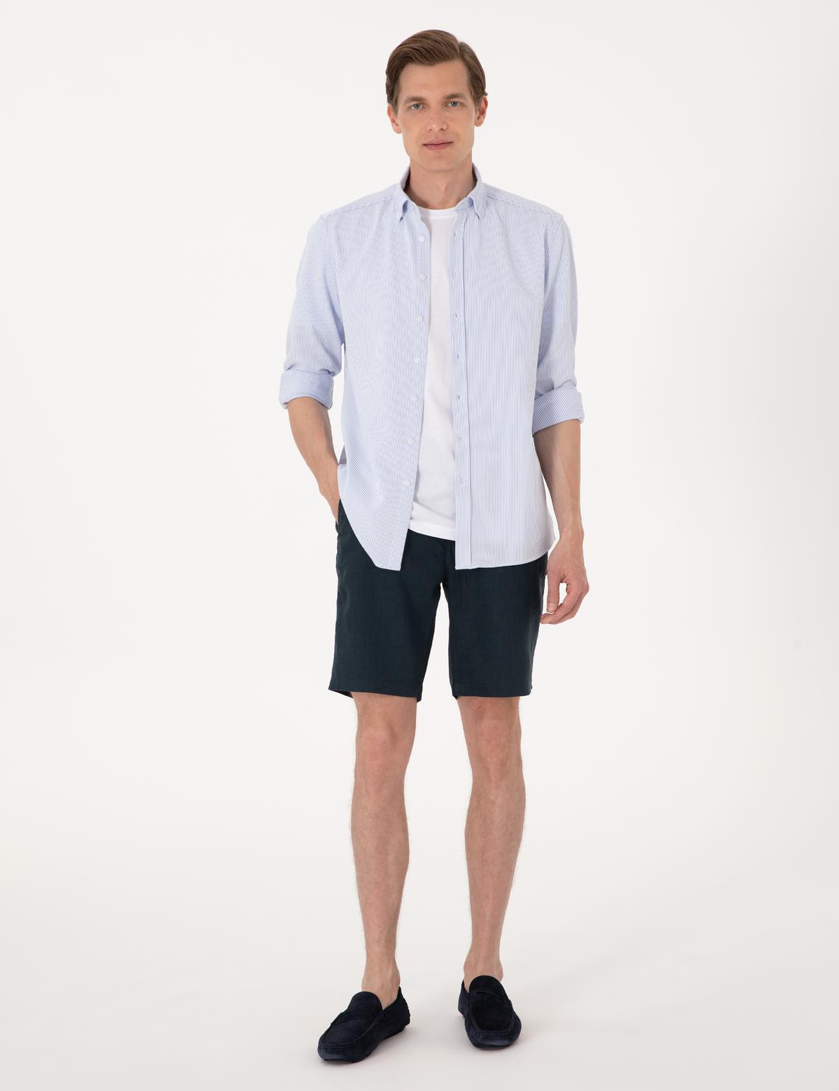 Lacivert Slim Fit %100 Keten Beli Lastikli Bağcıklı Dokuma Şort