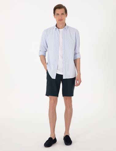 Lacivert Slim Fit %100 Keten Beli Lastikli Bağcıklı Dokuma Şort