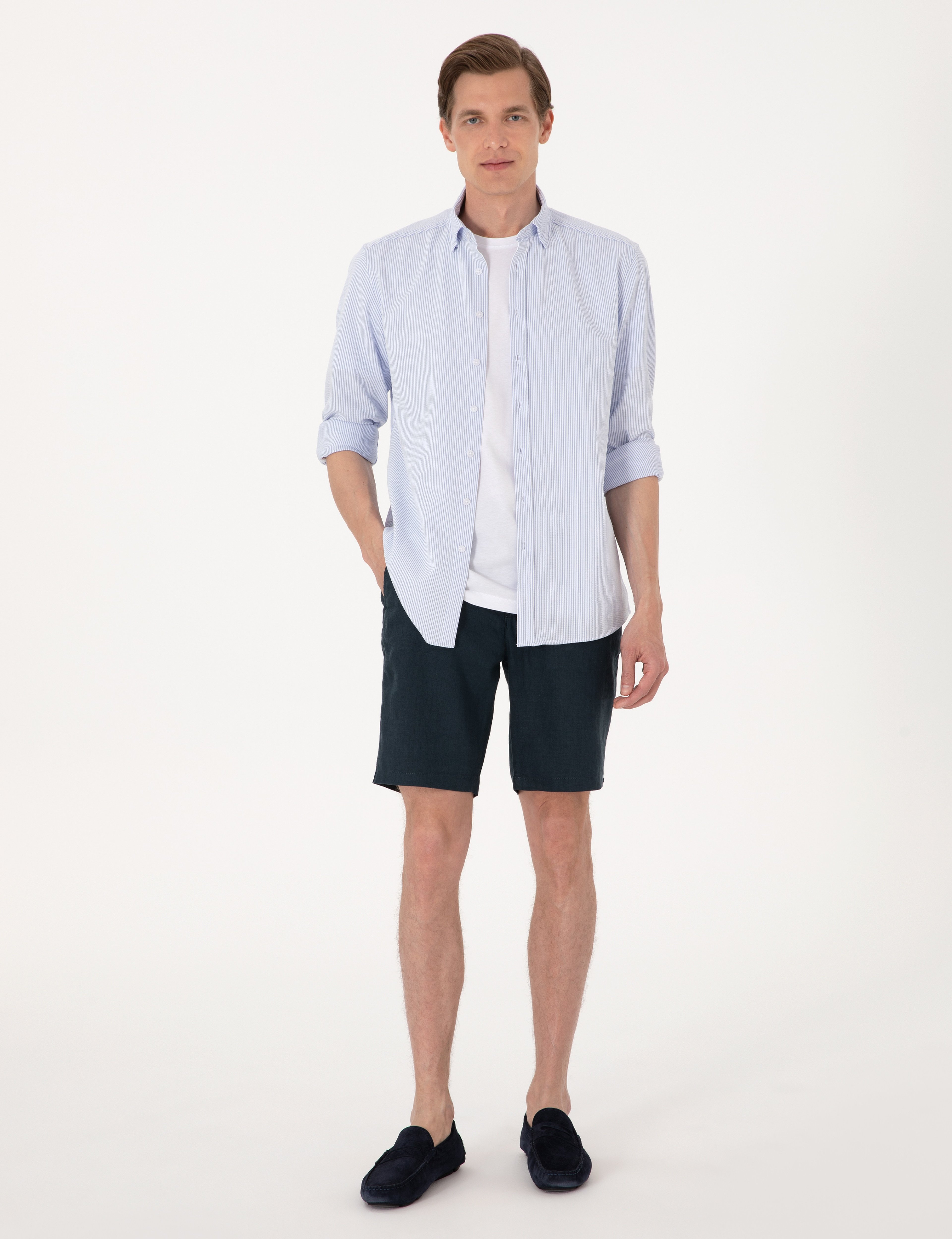 Lacivert Slim Fit %100 Keten Beli Lastikli Bağcıklı Dokuma Şort