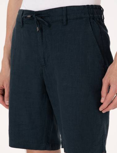 Lacivert Slim Fit %100 Keten Beli Lastikli Bağcıklı Dokuma Şort