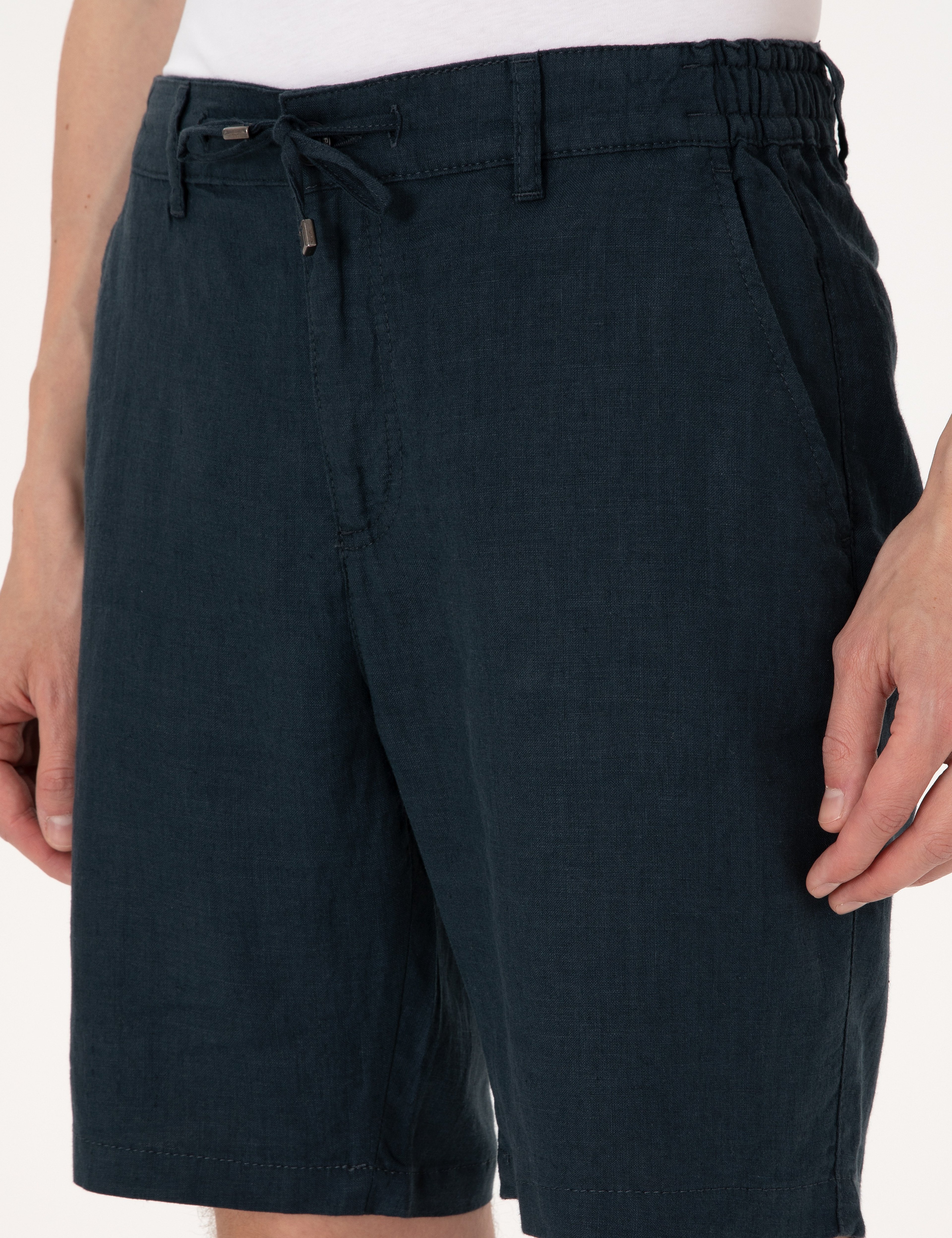 Lacivert Slim Fit %100 Keten Beli Lastikli Bağcıklı Dokuma Şort