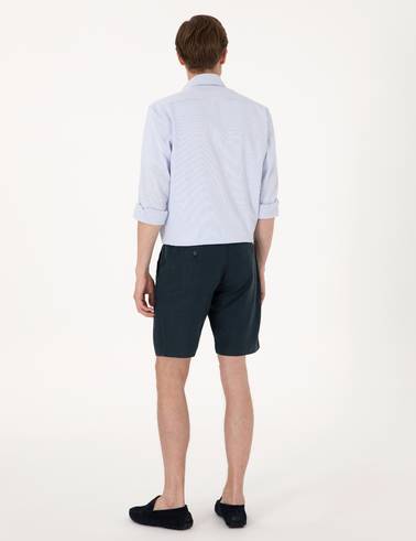 Lacivert Slim Fit %100 Keten Beli Lastikli Bağcıklı Dokuma Şort