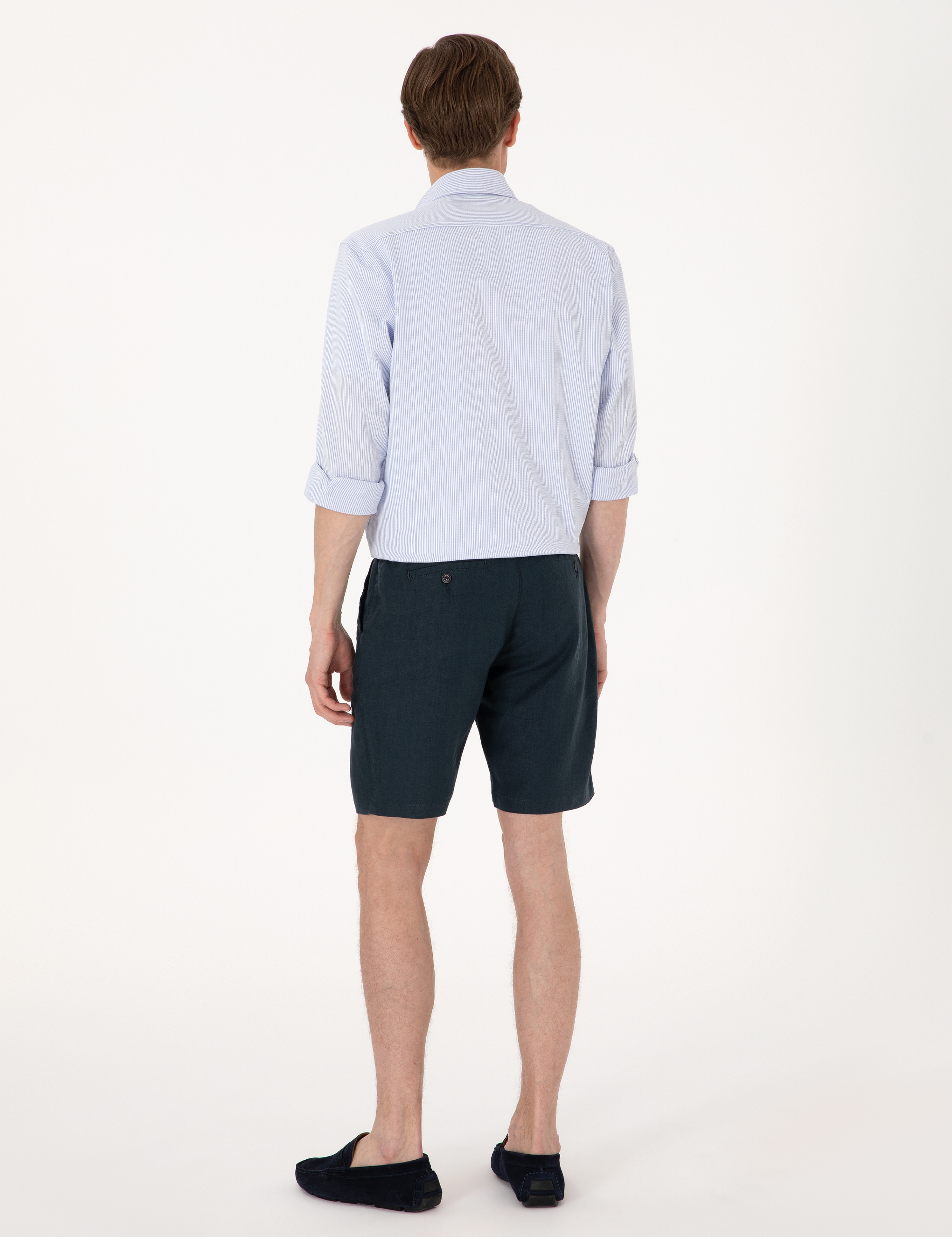 Lacivert Slim Fit %100 Keten Beli Lastikli Bağcıklı Dokuma Şort - Image 4