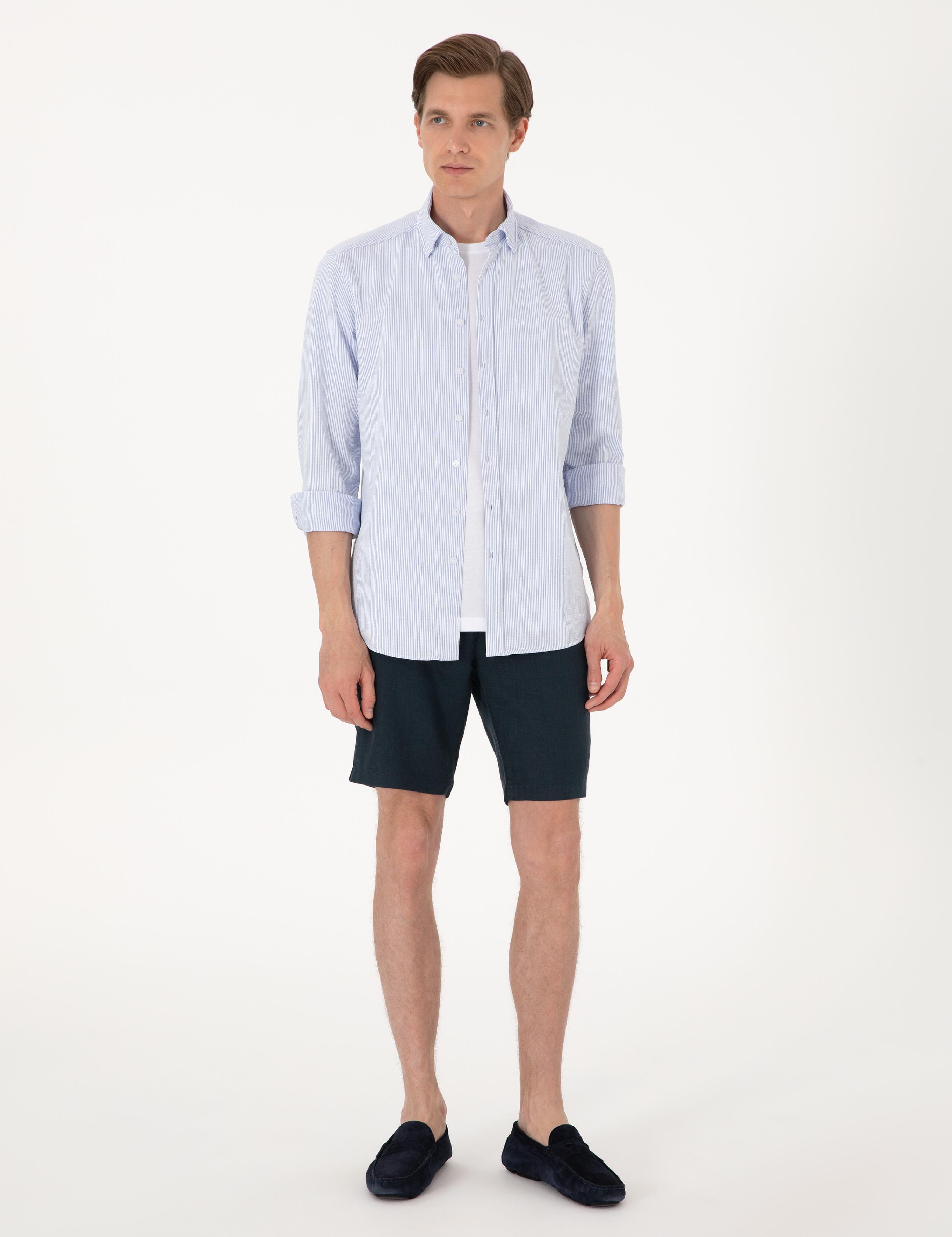 Lacivert Slim Fit %100 Keten Beli Lastikli Bağcıklı Dokuma Şort