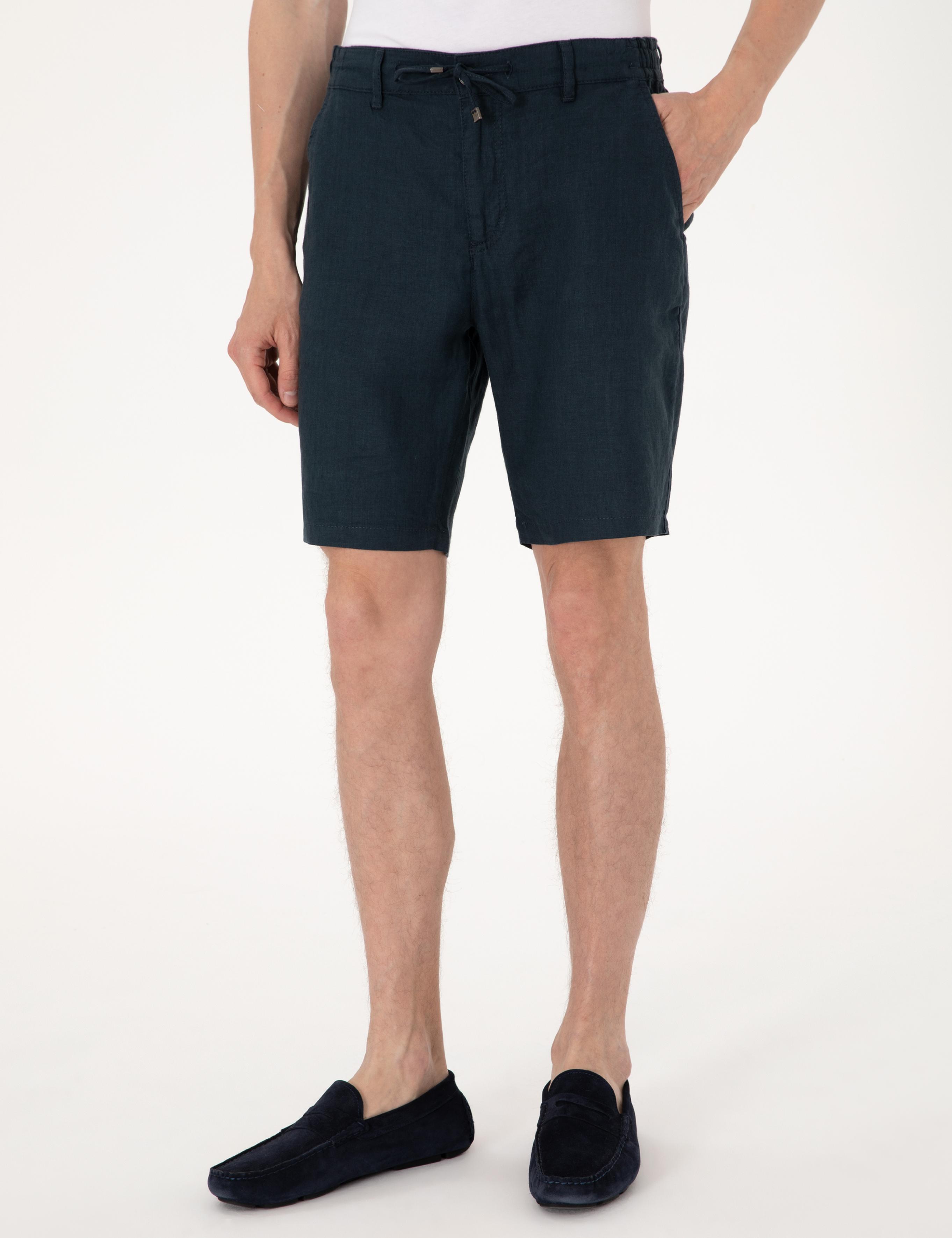 Lacivert Slim Fit %100 Keten Beli Lastikli Bağcıklı Dokuma Şort