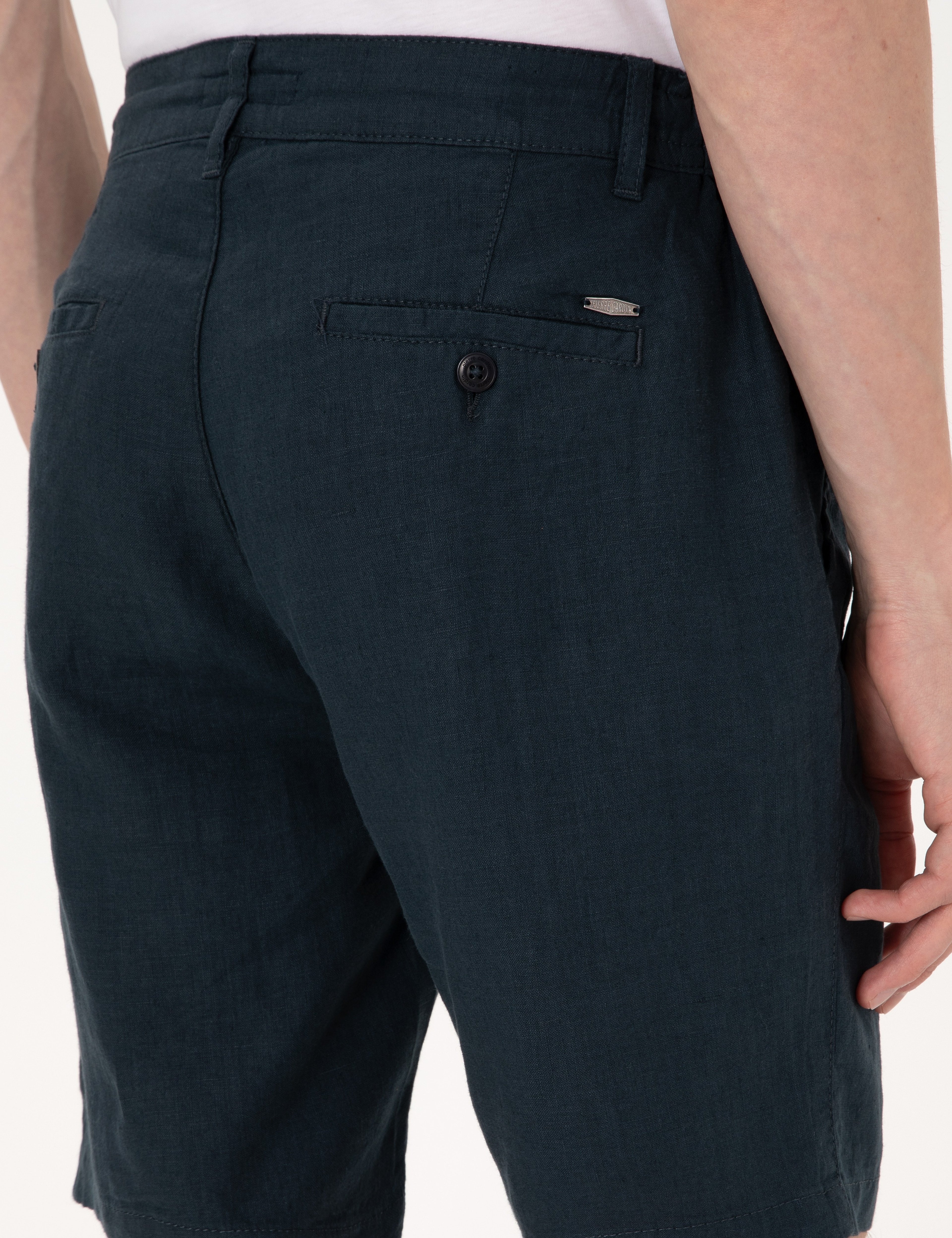 Lacivert Slim Fit %100 Keten Beli Lastikli Bağcıklı Dokuma Şort