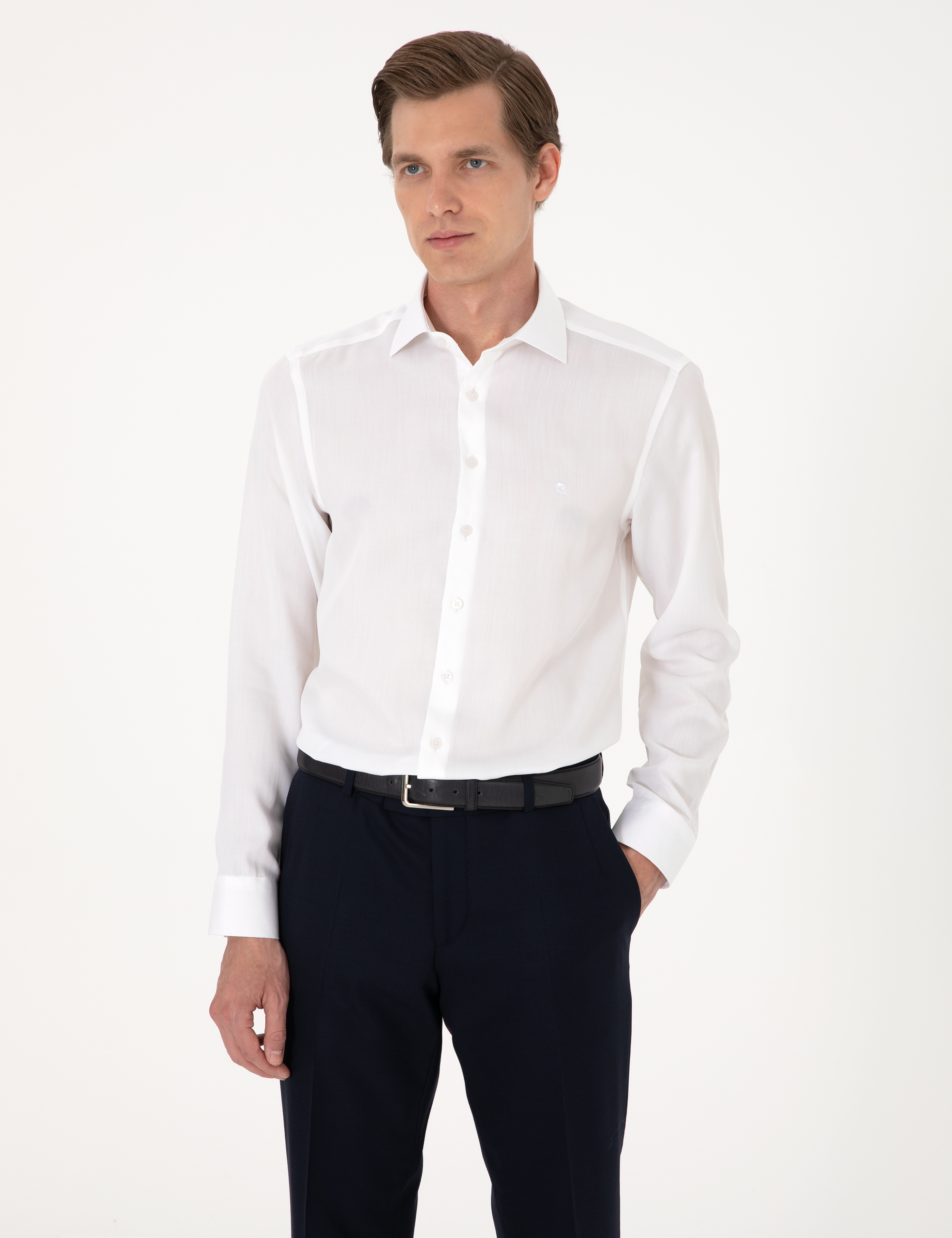 Beyaz Kırışıklık Karşıtı Liyosel Slim Fit Uzun Kollu Basic Gömlek - Image 3