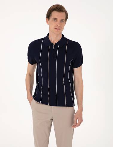 Lacivert Slim Fit Polo Yaka Fermuarlı Triko Tişört