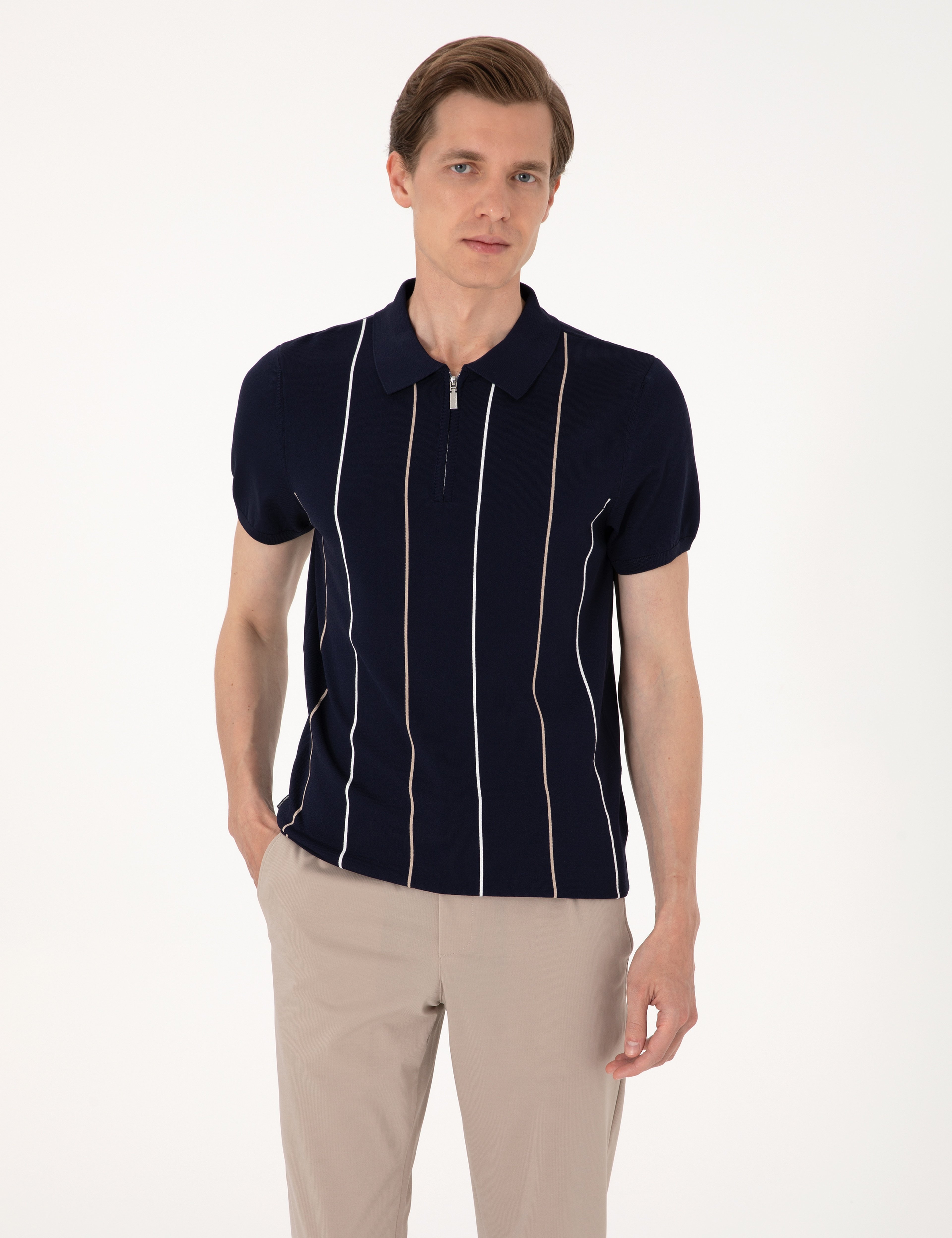 Lacivert Slim Fit Polo Yaka Fermuarlı Triko Tişört